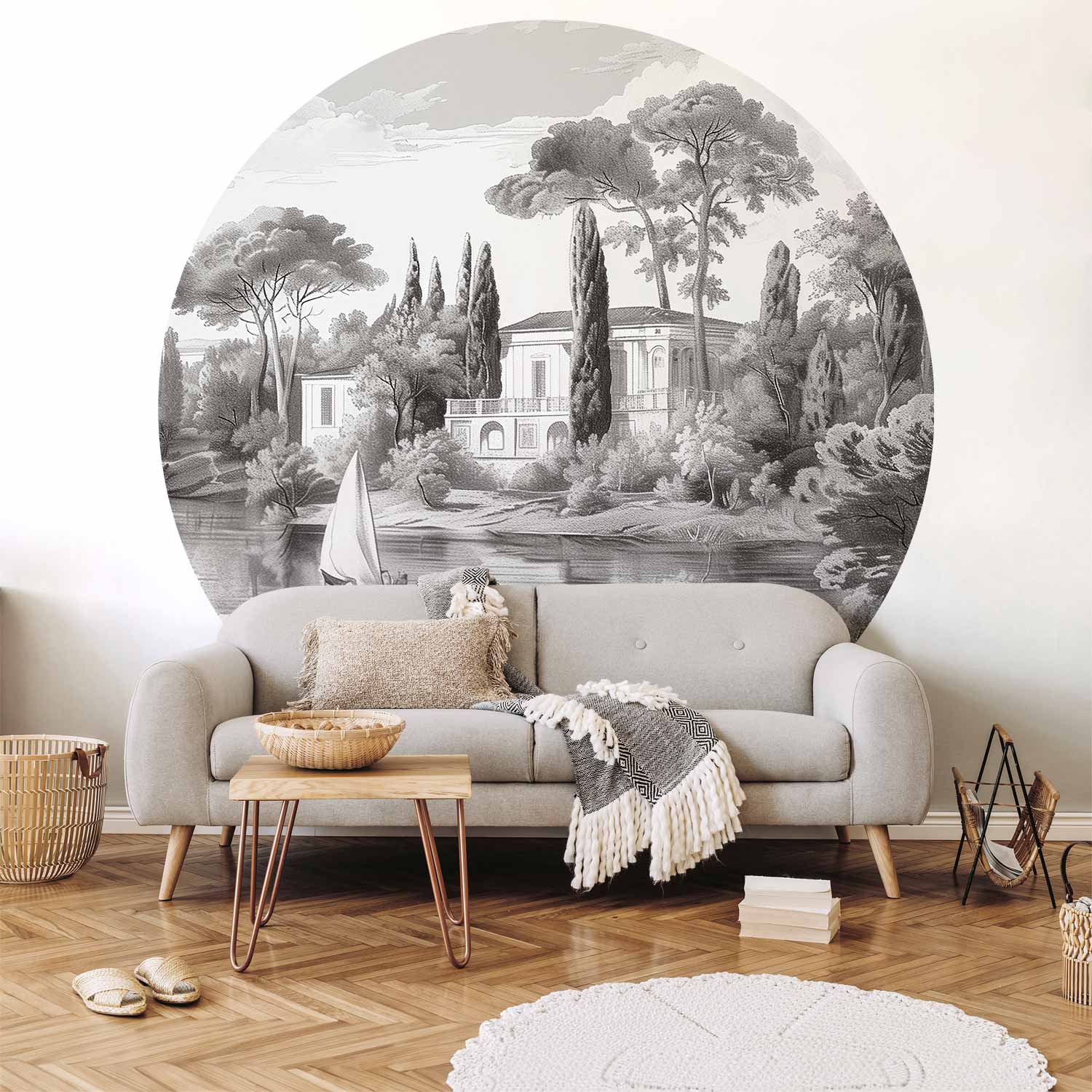 Runde Fototapete - Black and white vintage landscape with a pond