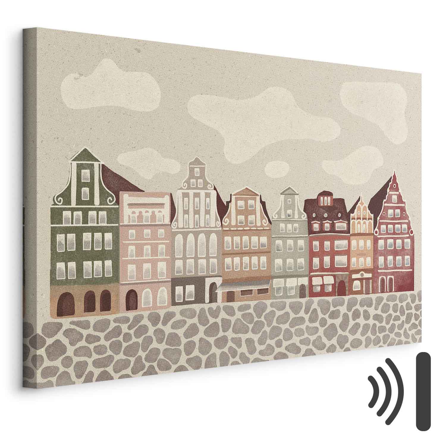 Leinwandbild - Salt Square - Colorful Illustrated Townhouses Against a Cloudy Sky Background