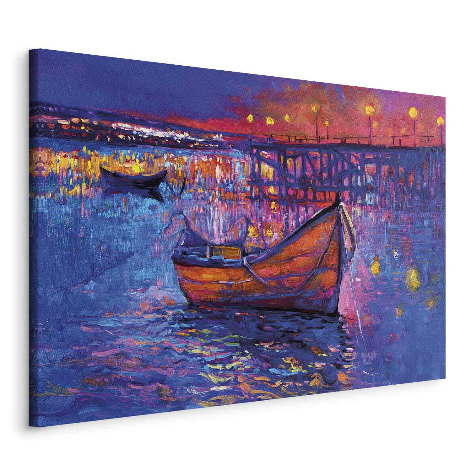 Wandbild XXL - Modern impressionism - night landscape of a lake with a floating boat
