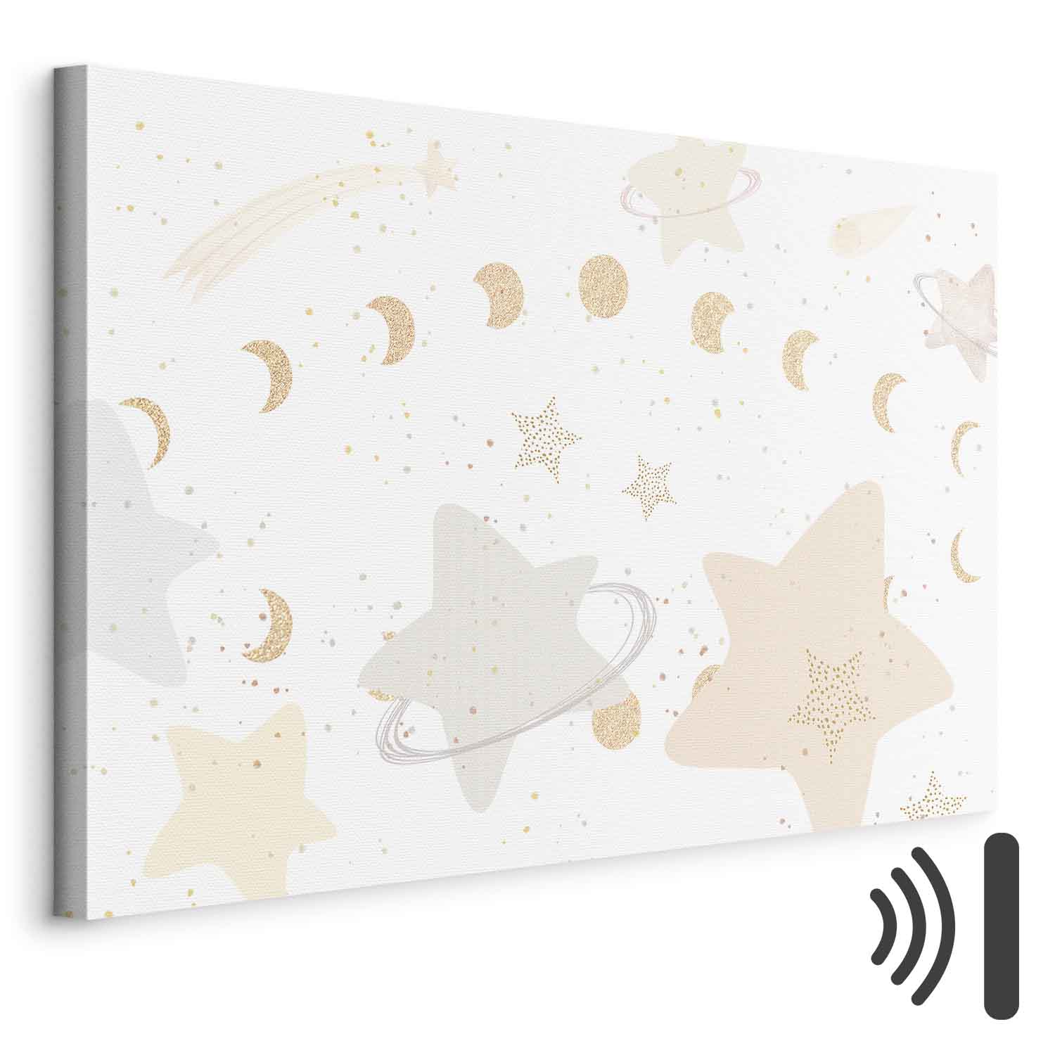 Leinwandbild - Fairy-Tale Galaxy - Phases of the Moon in Yellow Tones Among Stars in Beige and Ash Colors with Stardust