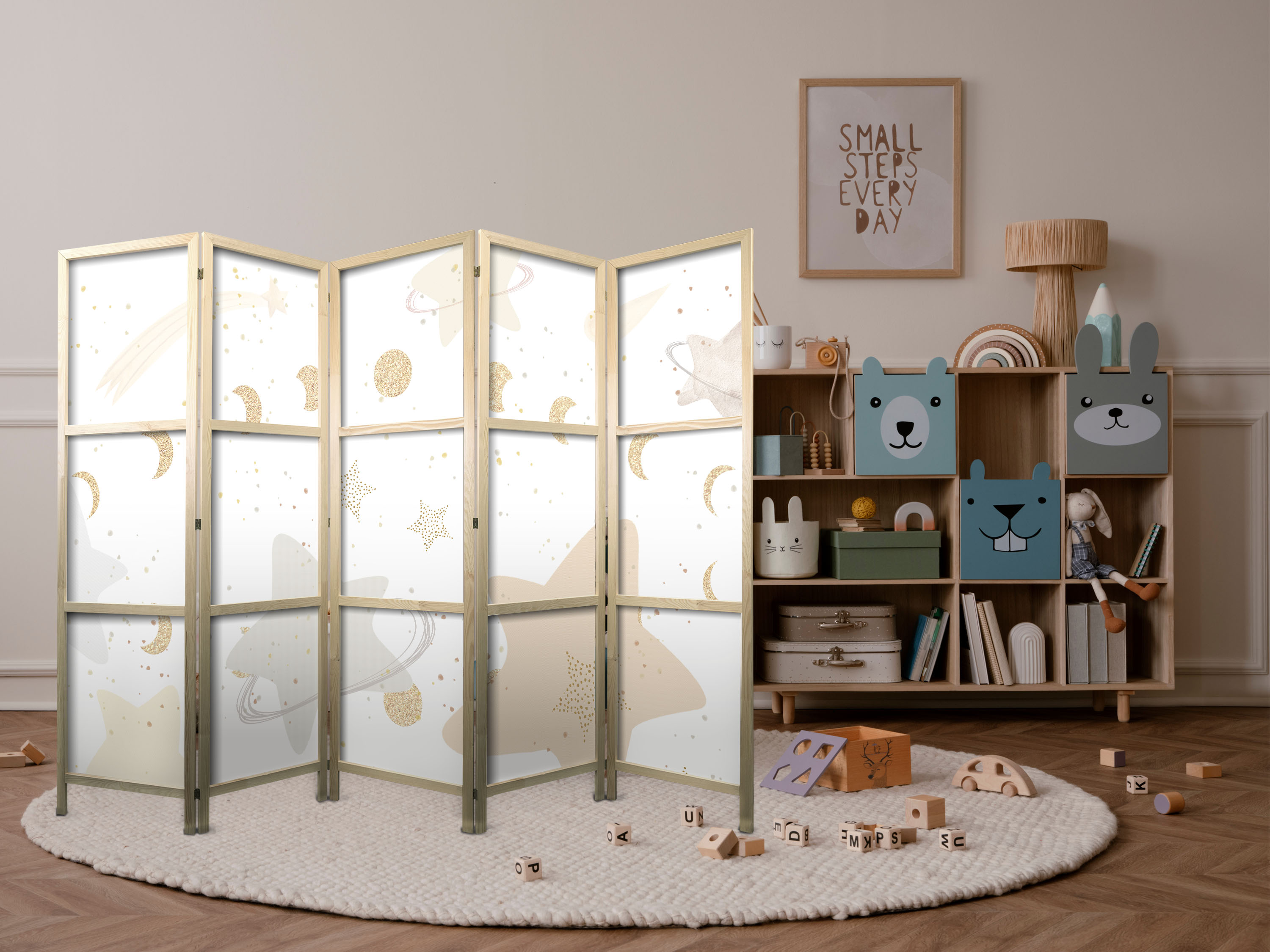 Japanischer Paravent - Fairy-Tale Galaxy - Moon phases in shades of yellow among stars in beige and ash colors with stardust.
