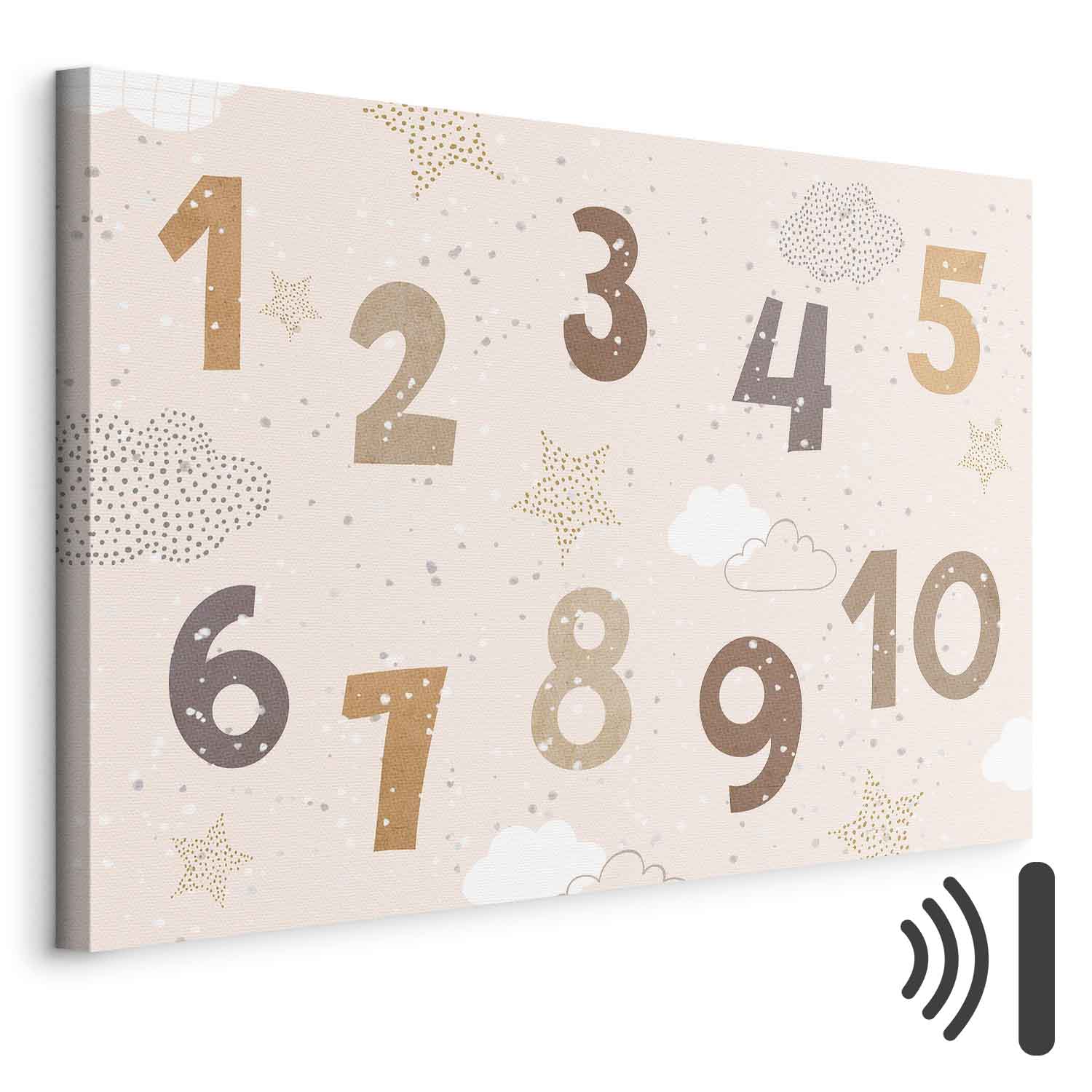 Leinwandbild - Jumping Numbers - Numbers in a Subdued Beige-Brown Hue Among Snowflakes Stars and Clouds