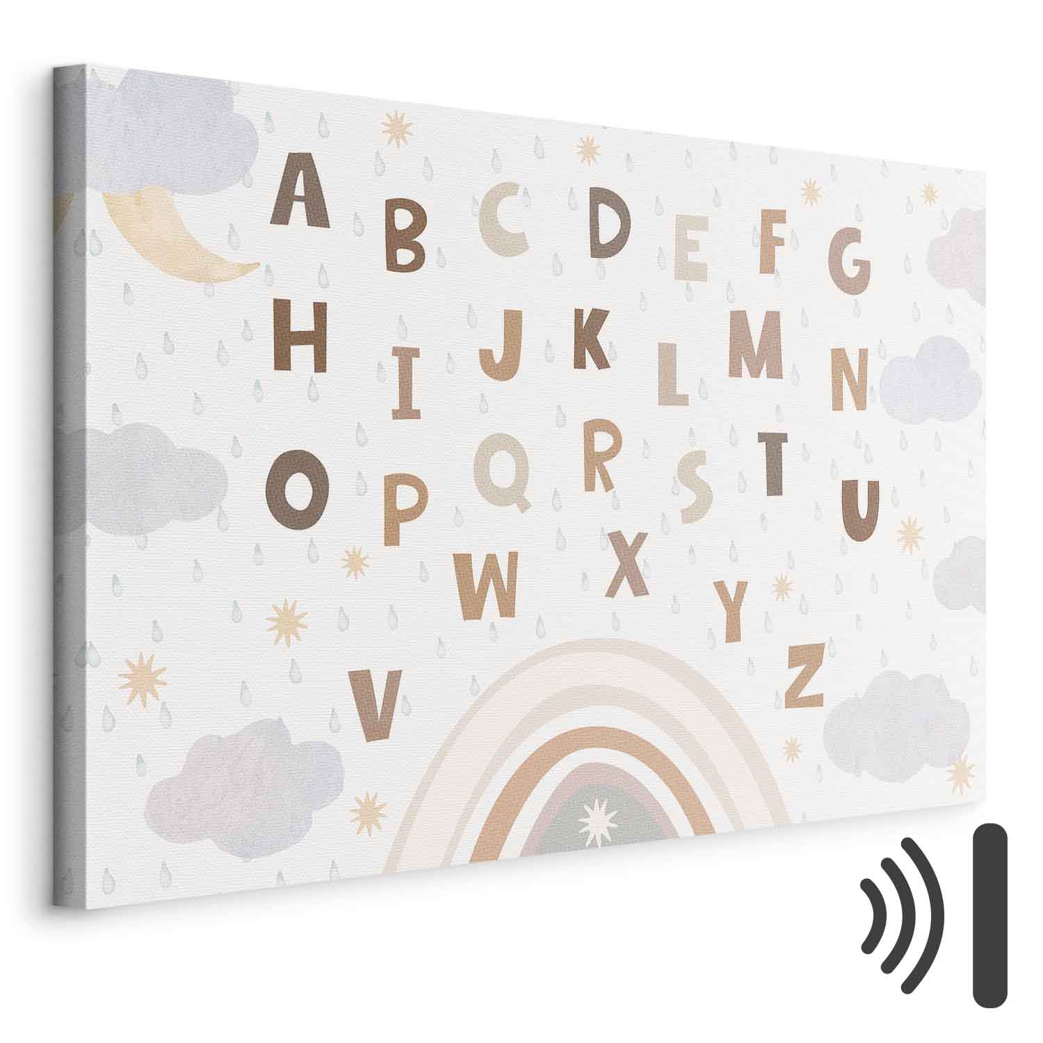 Leinwandbild - Letters Above the Rainbow - Letters Among Streams of Rain and Clouds with a Rainbow Moon and Stars on a Light Background