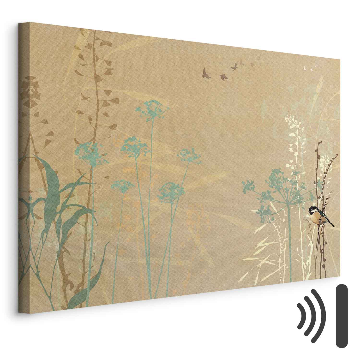 Leinwandbild - Tiny Bird - Colorful Grasses in Golden Shades of Sunset