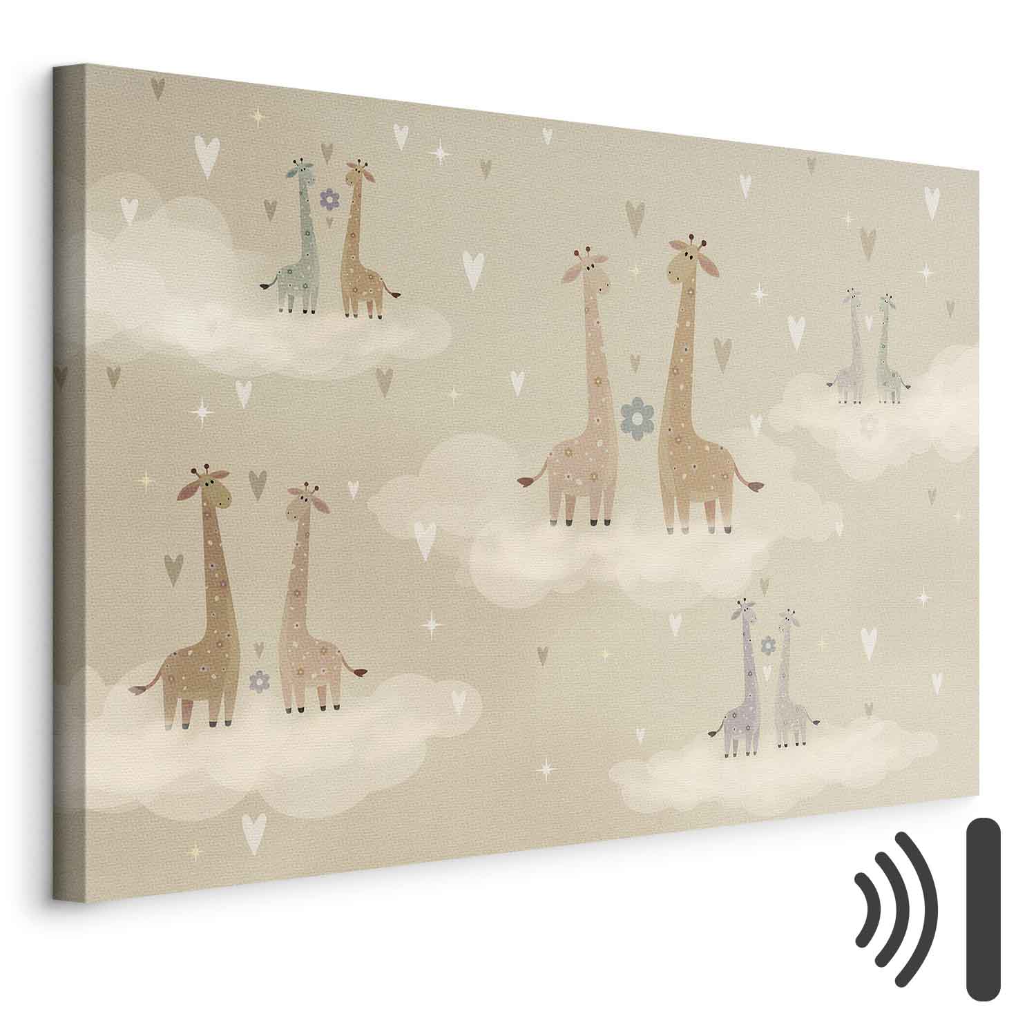 Leinwandbild - Love - Colorful Giraffes Floating on Clouds Among Hearts and Stars