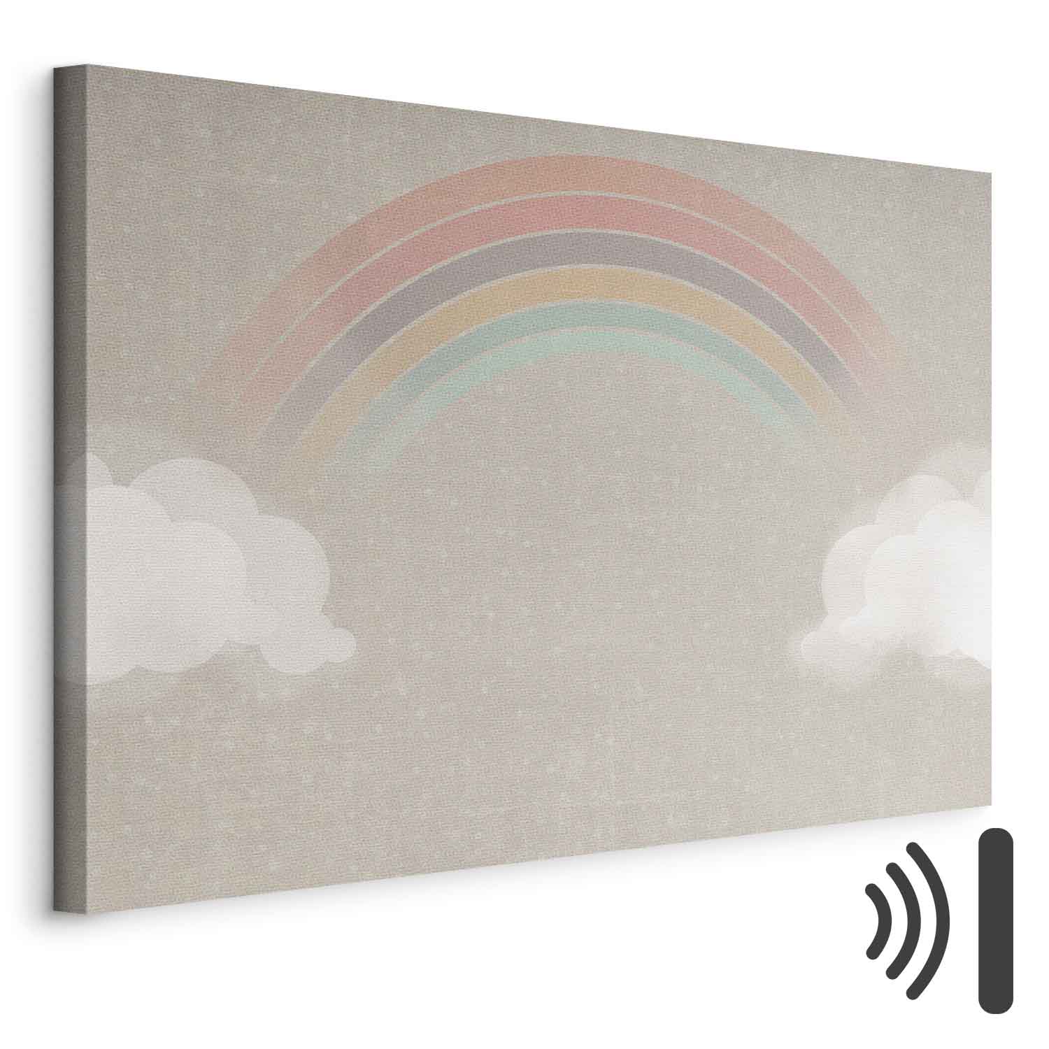 Leinwandbild - Rainy June - Colorful Rainbow Emerging from Clouds on a Bright Background