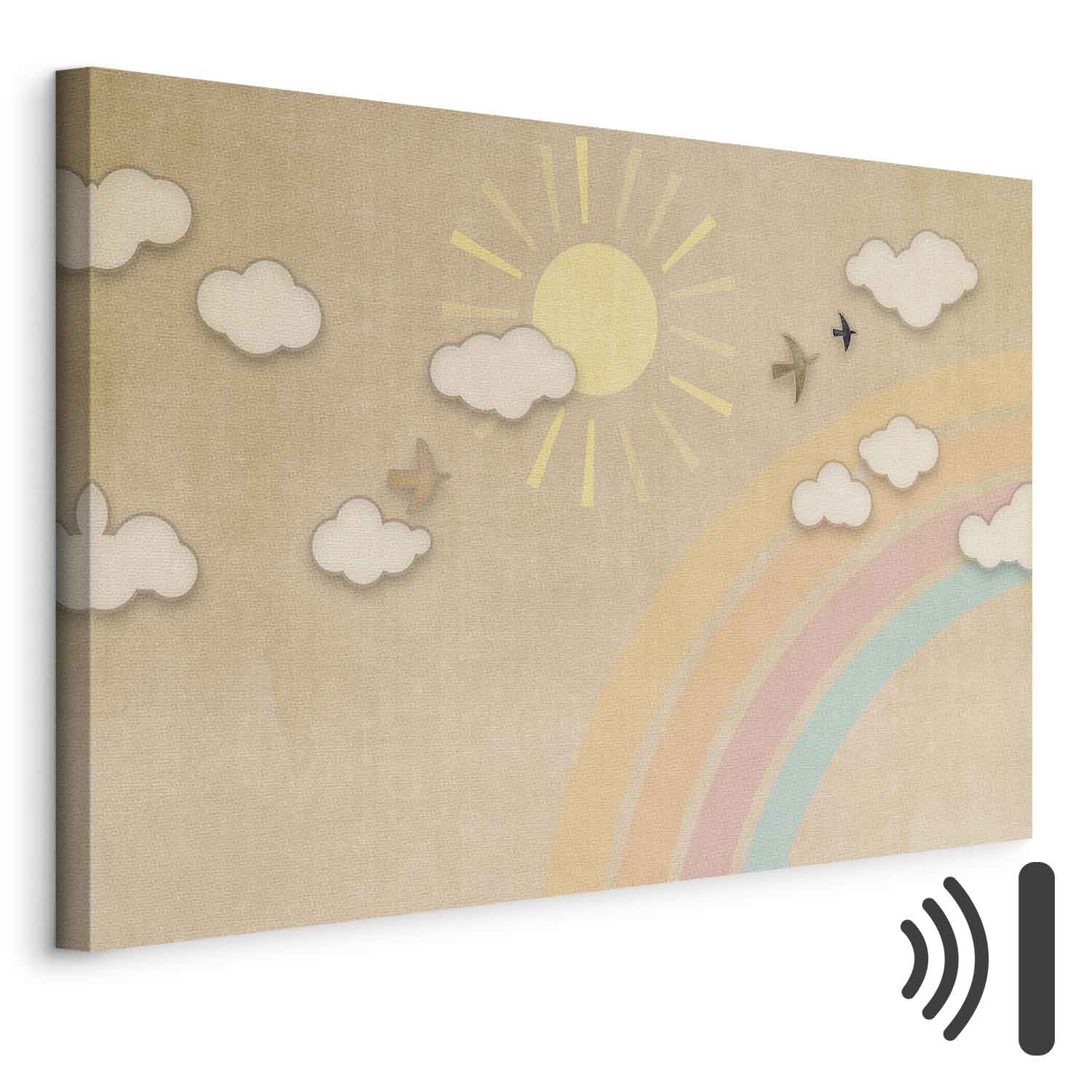 Leinwandbild - Holiday Sky - Sunny Day with a Rainbow and Flying Birds