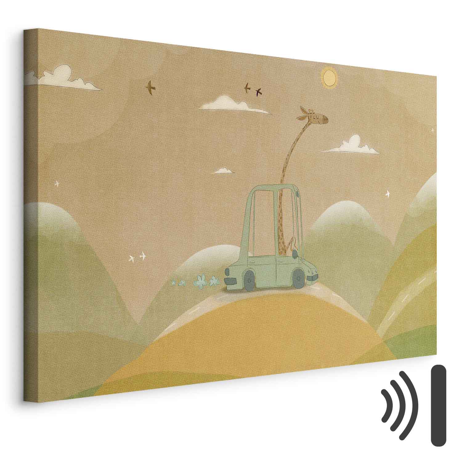 Leinwandbild - Dreamy Traveler - A Cheerful Giraffe Driving a Car on a Sunny Day