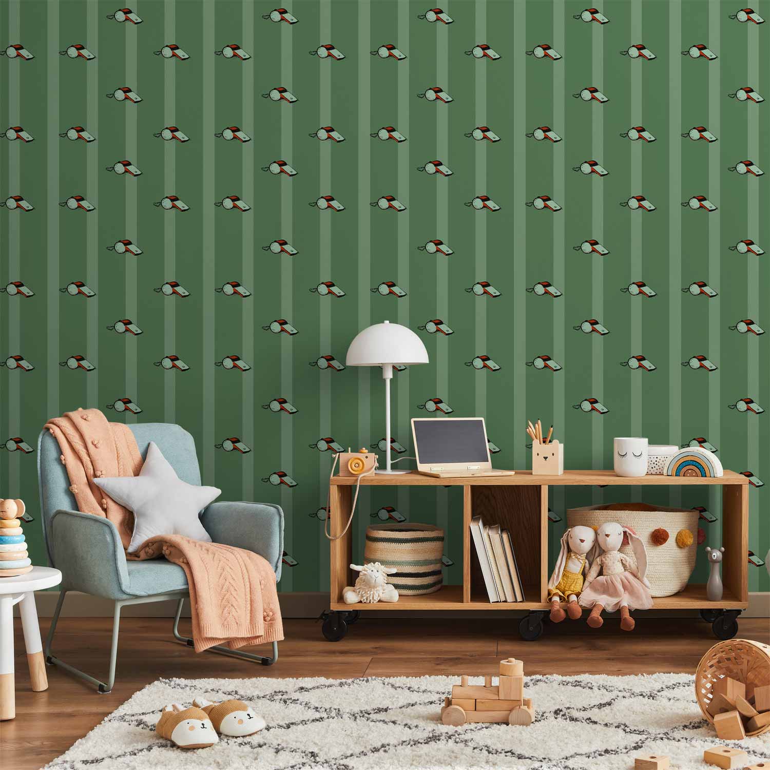 Tapete - Sports Whistles - Repeating pattern on a striped green background.
