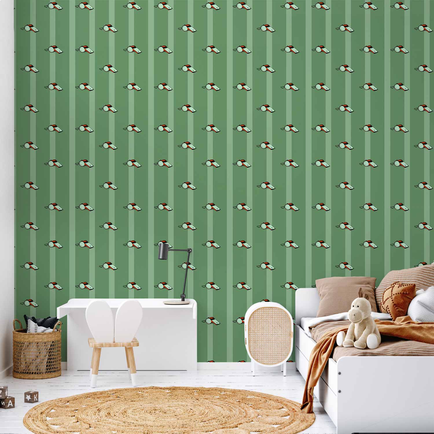 Tapete - Sports Whistles - Repeating pattern on a striped green background.