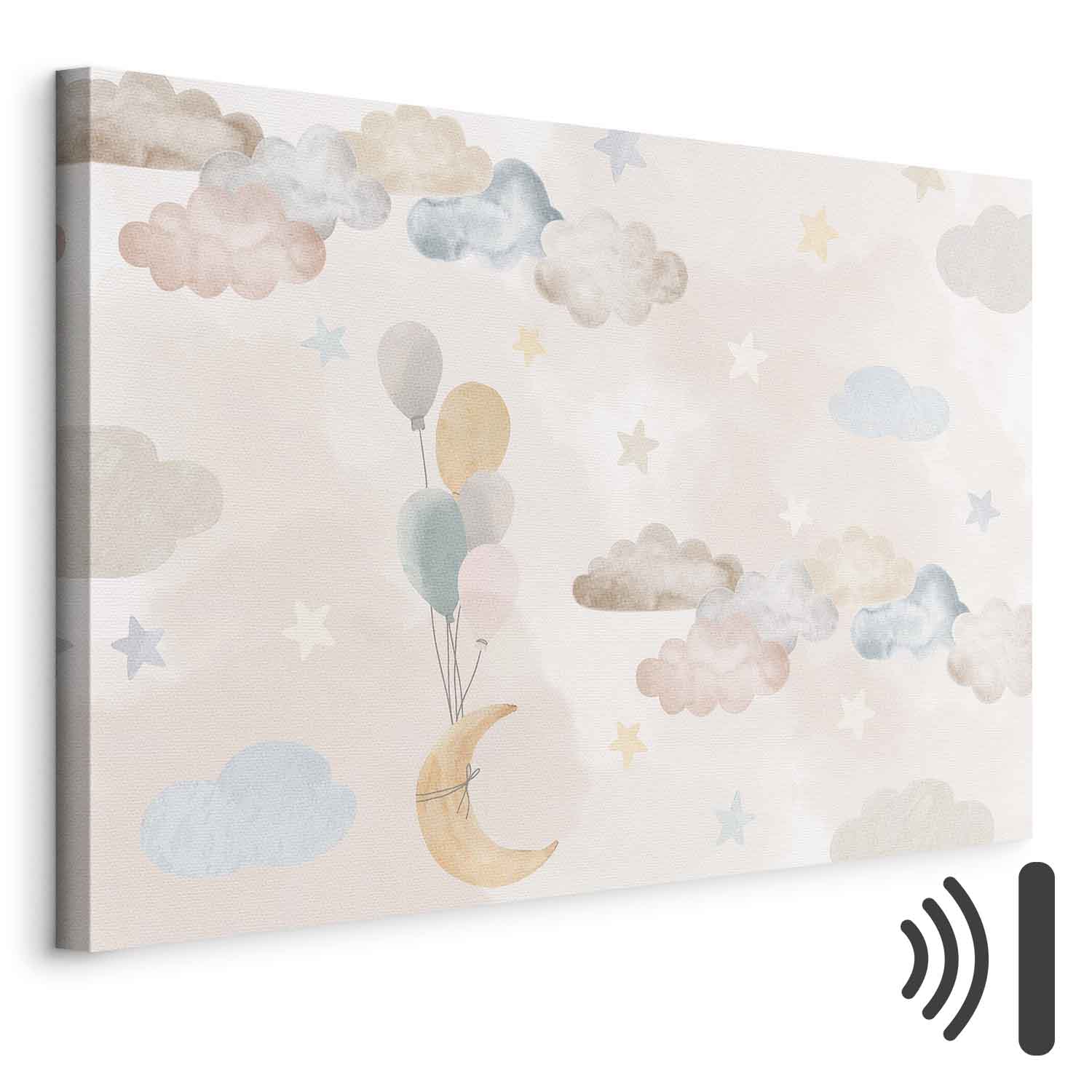Leinwandbild - Fairy-Tale Moon - Pastel Moon with Balloons Among Colorful Clouds and Stars in Subdued Colors on a Light Background