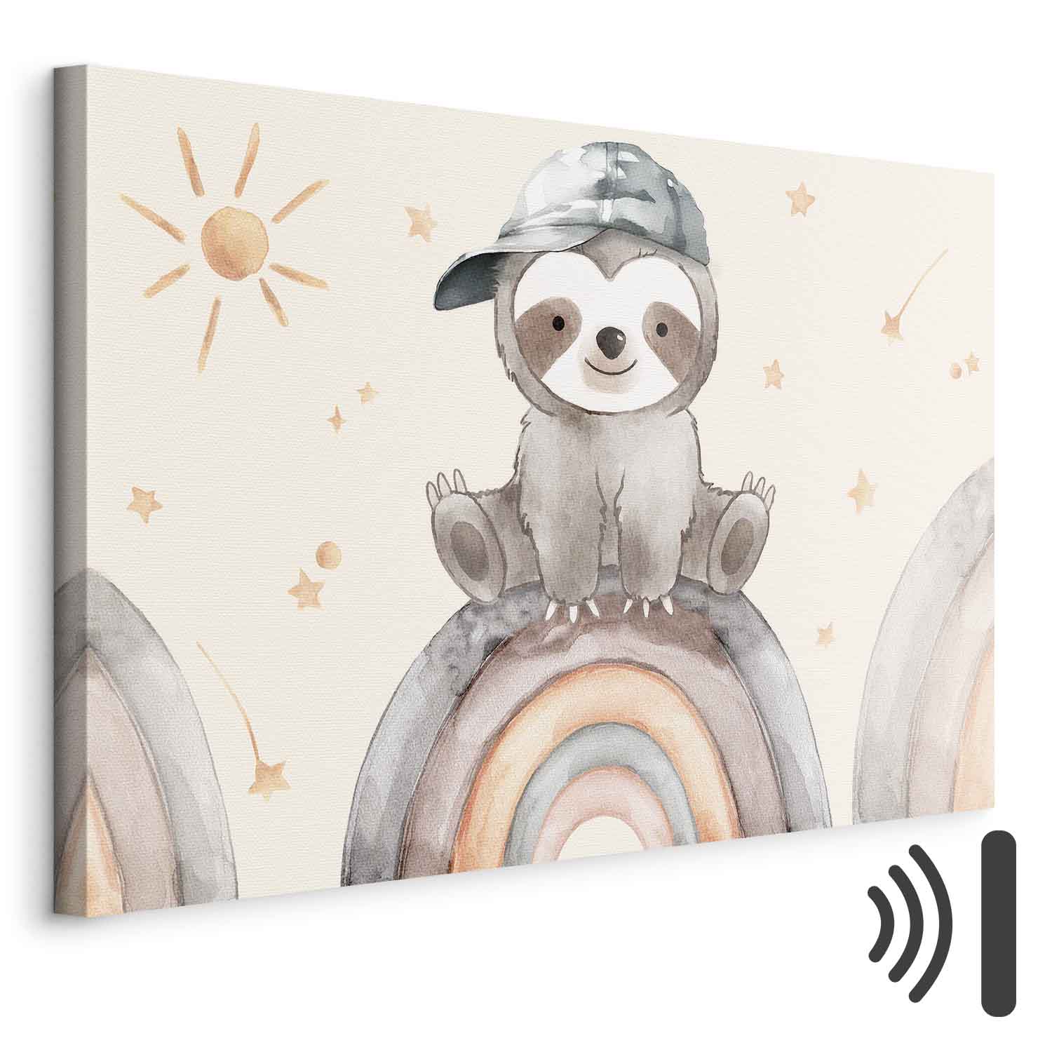 Leinwandbild - Happy Sloth - Sloth in Subdued Colors Wearing a Cap Sitting on a Rainbow Among Little Stars