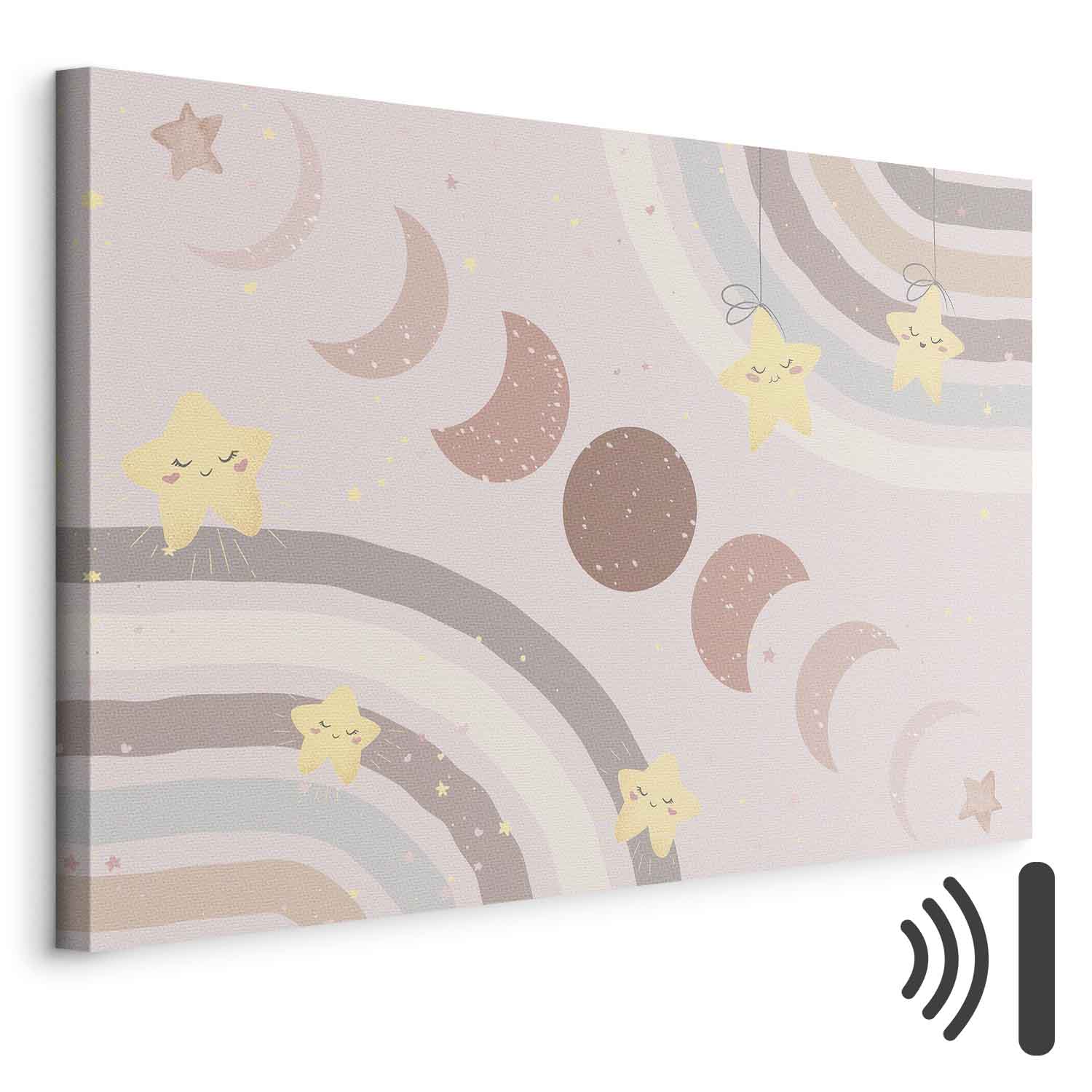 Leinwandbild - Joyful Sky - Yellow Cheerful Stars with a Rainbow Against the Phases of the Moon in a Light Beige Sky Hue