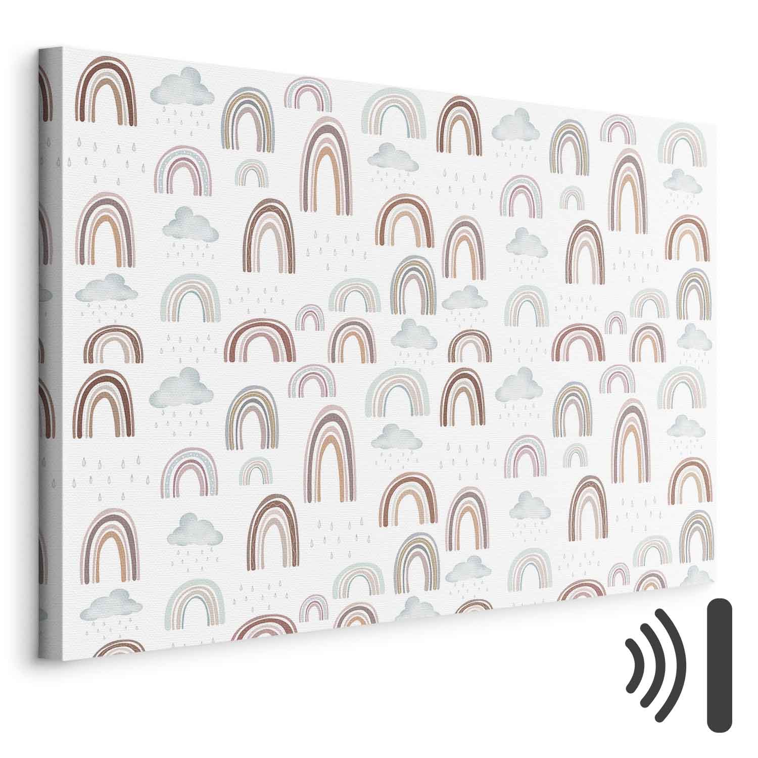 Leinwandbild - Rainbows After the Storm - Rainbows of Various Sizes in Pastel Hues Among Rain Clouds in a Gray-Blue Shade