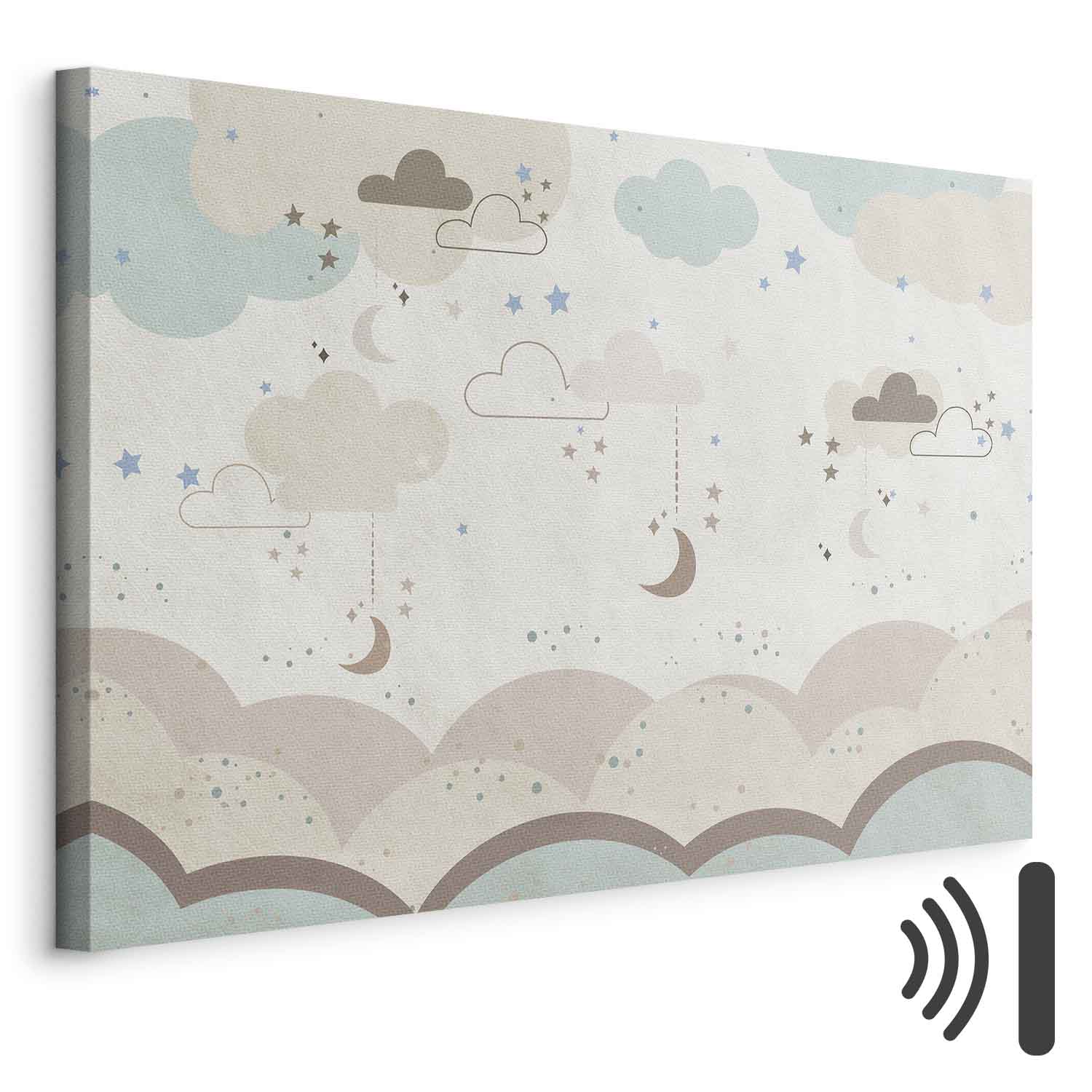 Leinwandbild - Cloudy Night Sky - Moons in Brown and Beige Hues Among Clouds and Numerous Little Stars on a Light Background