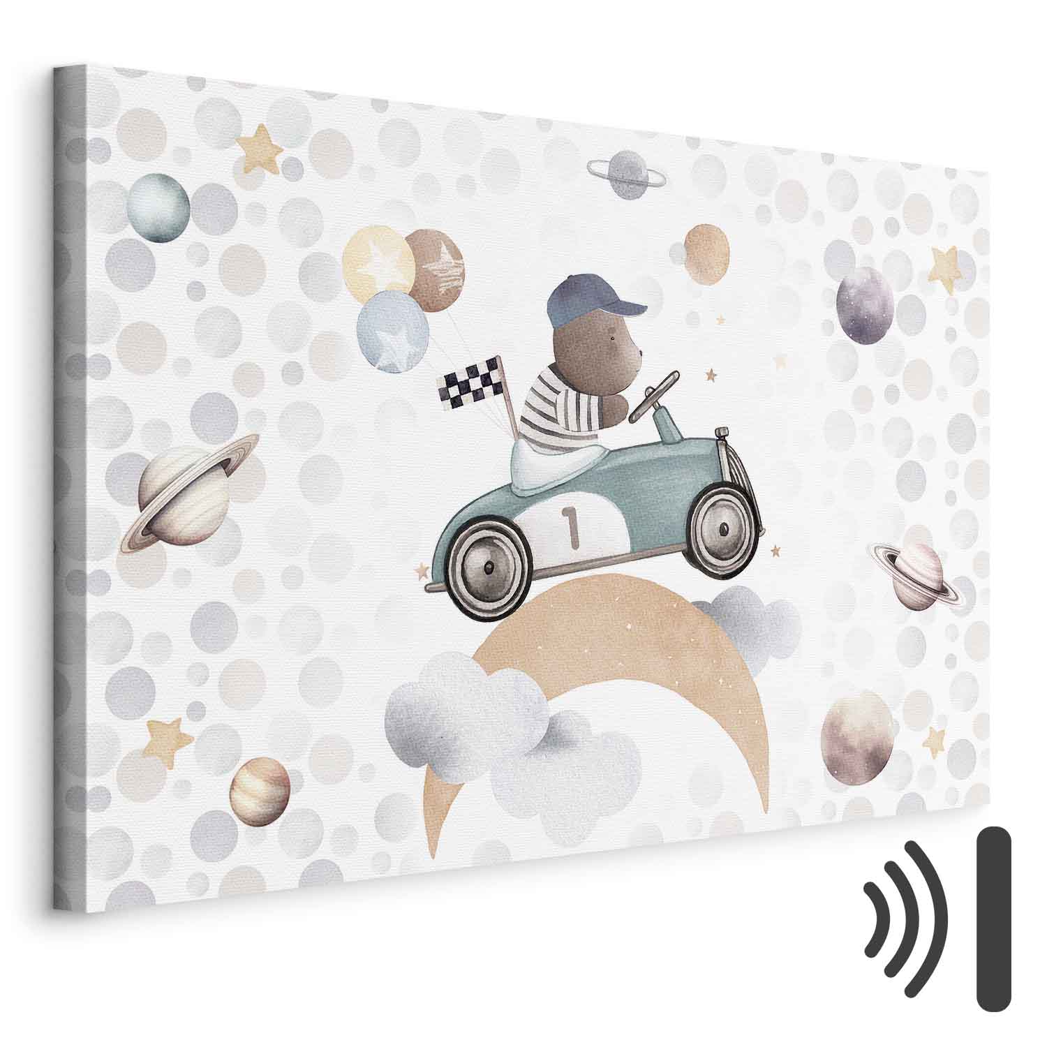 Leinwandbild - Galactic Races - A Bear Participating in Car Races Among Planets Clouds and Stars in Pastel Hues