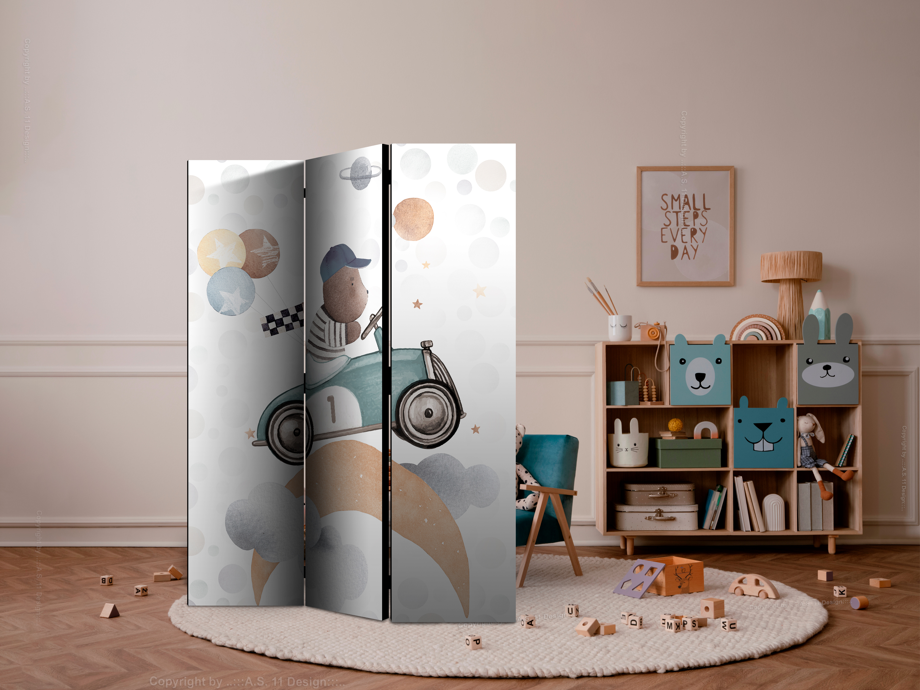 Paravent - Galactic Races - Bear Participating in Car Races Among Planets - Clouds - and Stars in Pastel Hues