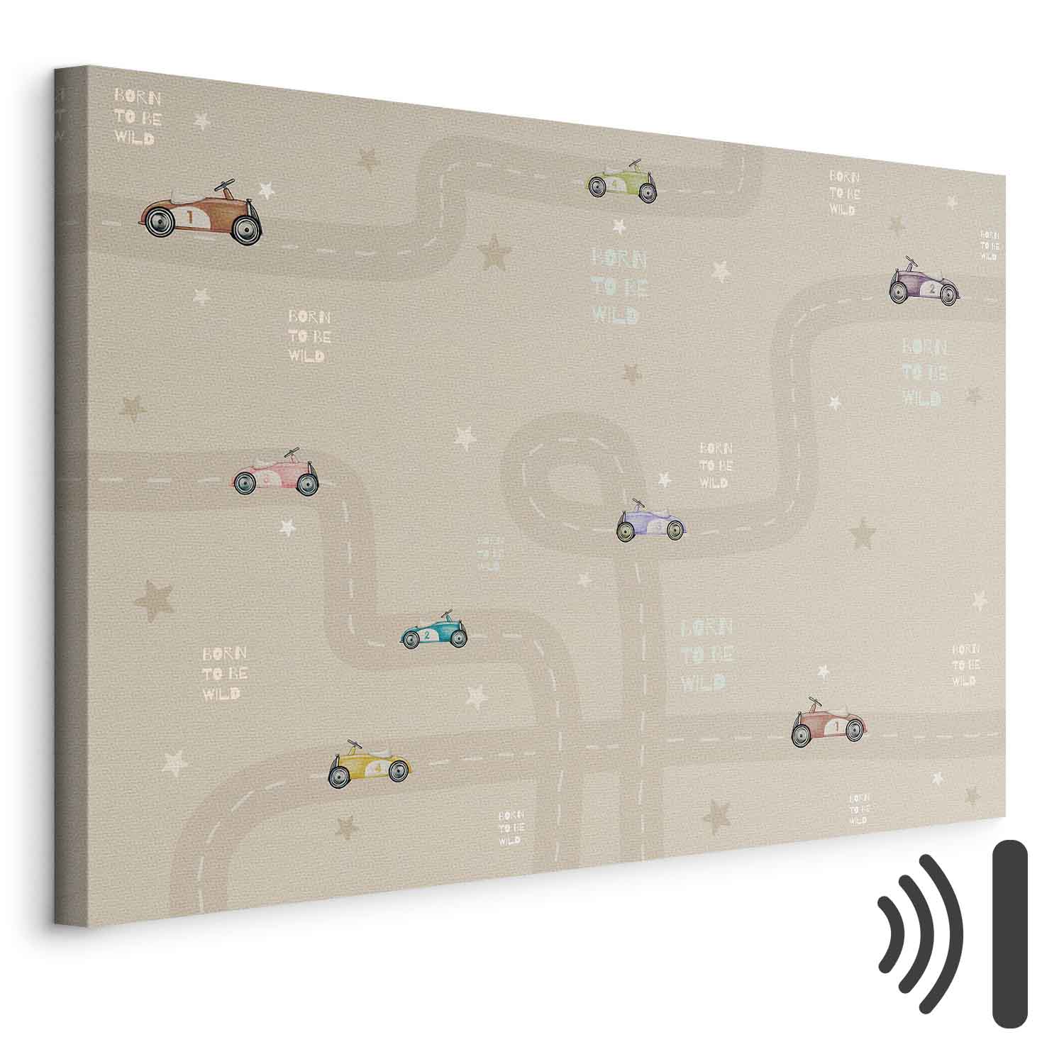 Leinwandbild - Race - Colorful Cars on a Road on a Beige Background with Inscriptions