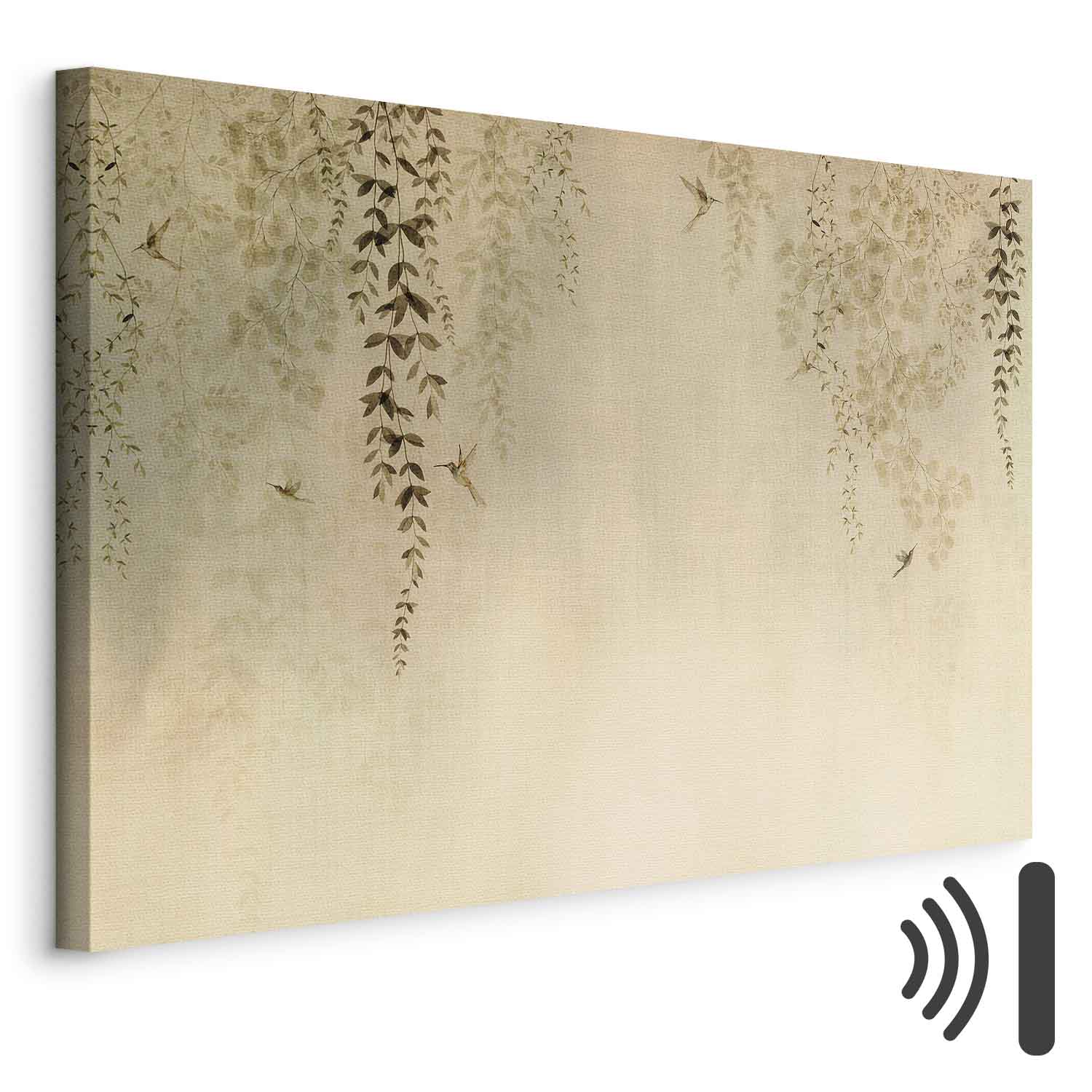 Leinwandbild - Spring Orchard - Hummingbirds Among Tree Branches in Beige Shades