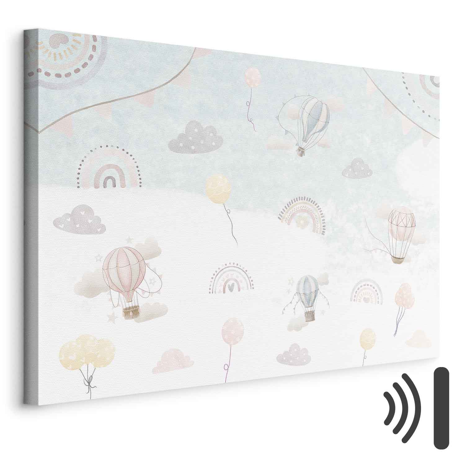 Leinwandbild - Sky with Balloons - Balloons in Subdued Colors Flying in the Sky Among Clouds Rainbows and Stars
