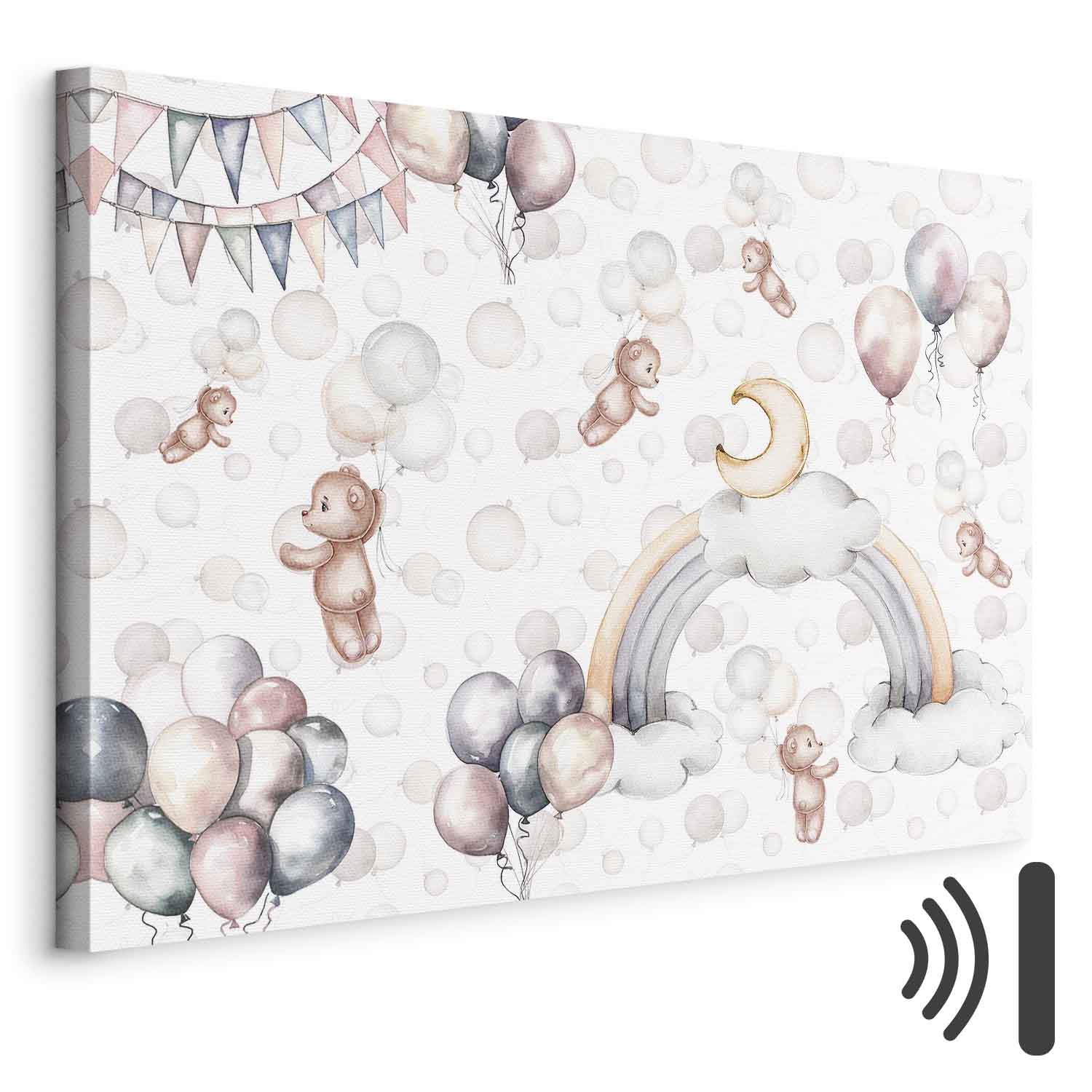 Leinwandbild - Toy Bears with Balloons - Flying Plush Bears Among Balloons Clouds and Rainbows in Subtle Pastel Hues