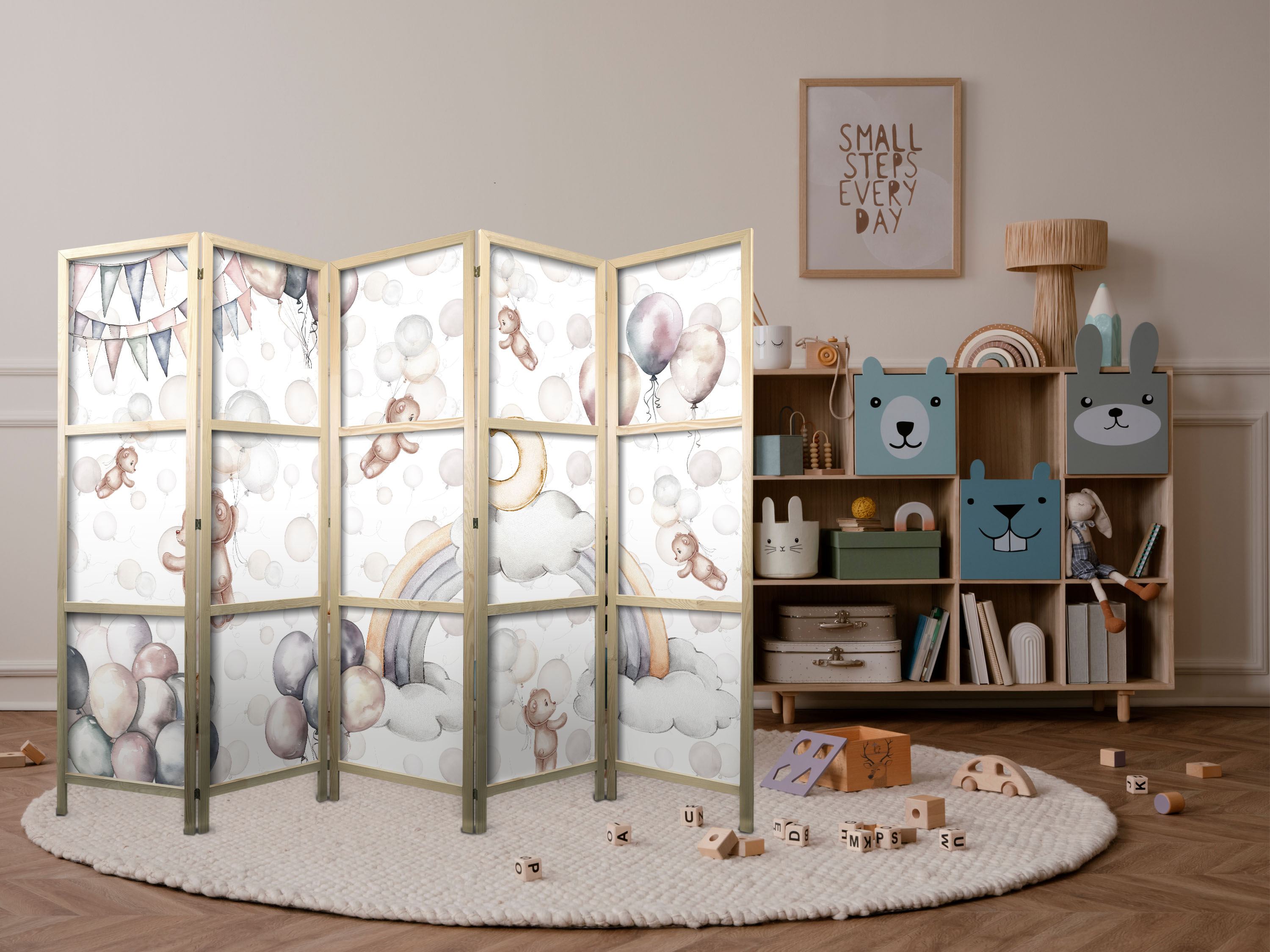 Japanischer Paravent - Plush Bears with Balloons - Flying light-brown bears among balloons - clouds - and rainbows in subdued - pastel colors.