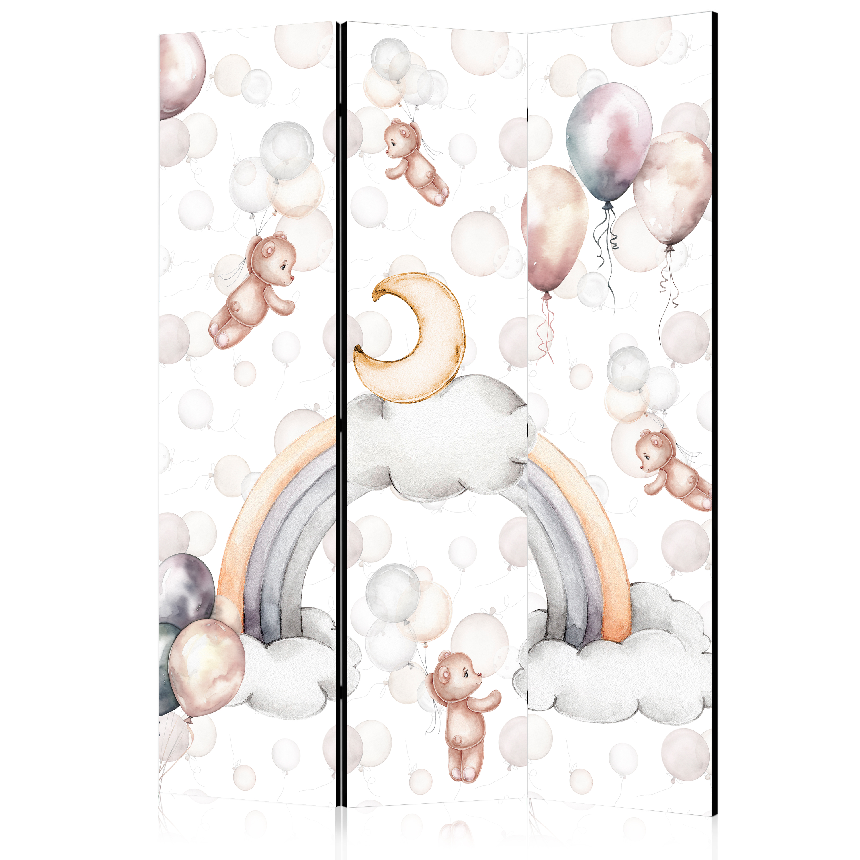 Paravent - Plush Bears with Balloons - Flying Light-Brown Bears Among Balloons - Clouds - and Rainbows in Subdued - Pastel Hues