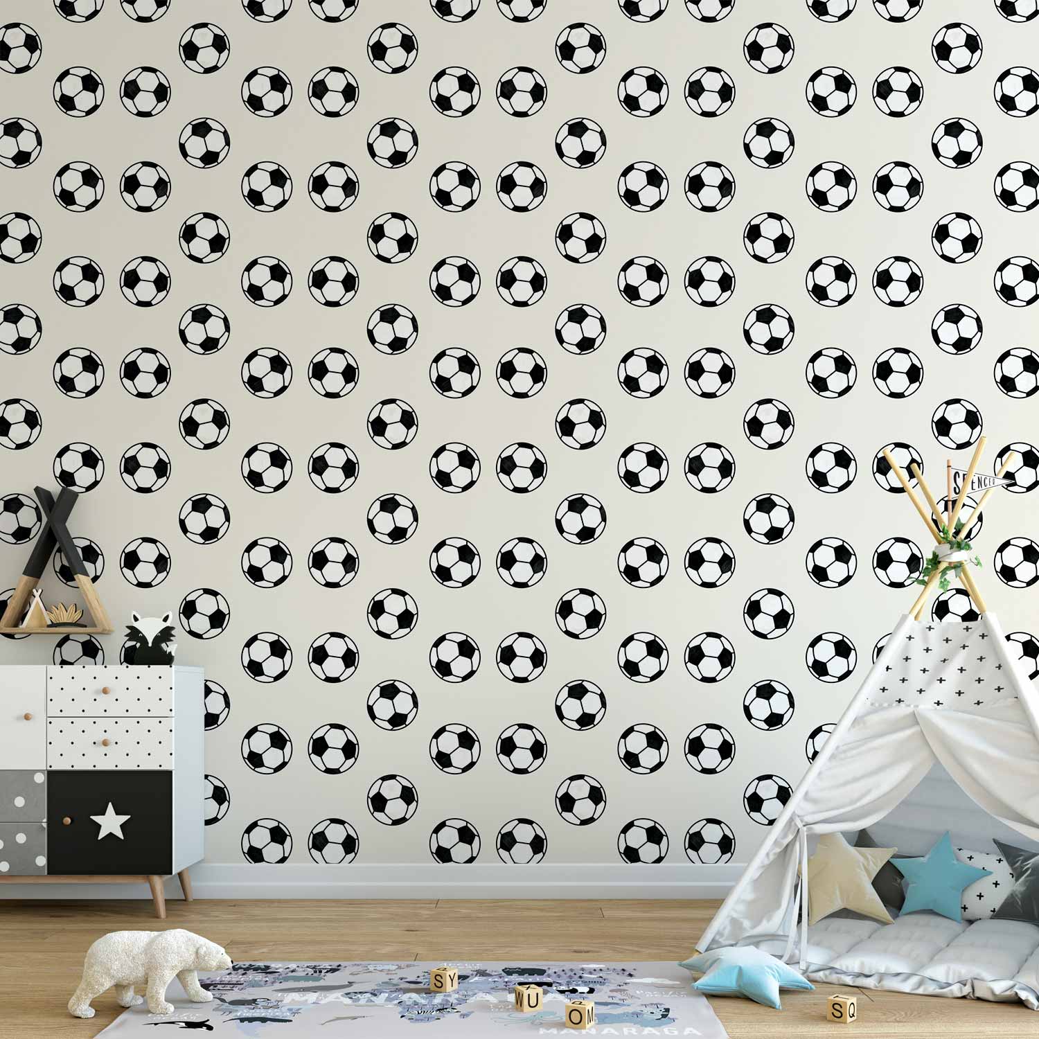 Tapete - Soccer - Symmetrical black-and-white soccer balls on a beige background.