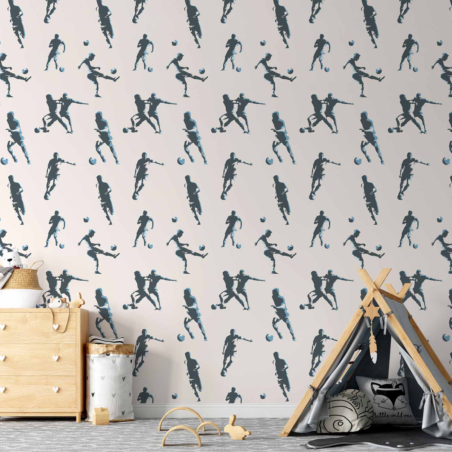 Tapete - Traces and Balls - Black-and-white soccer motifs on a beige background.