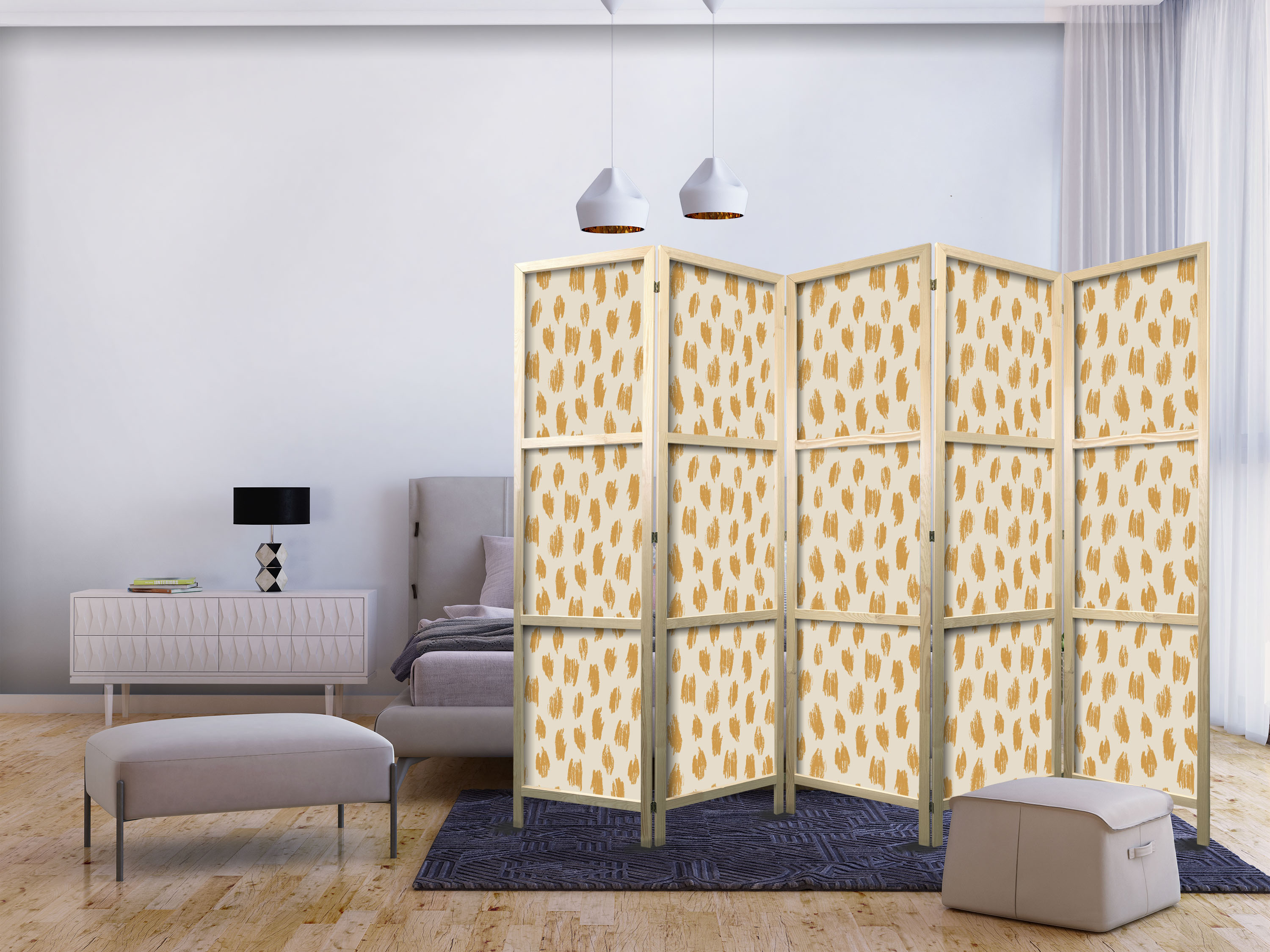 Japanischer Paravent - Drawn Pattern in Dots and Spots - in Shades of Orange and Ecru.
