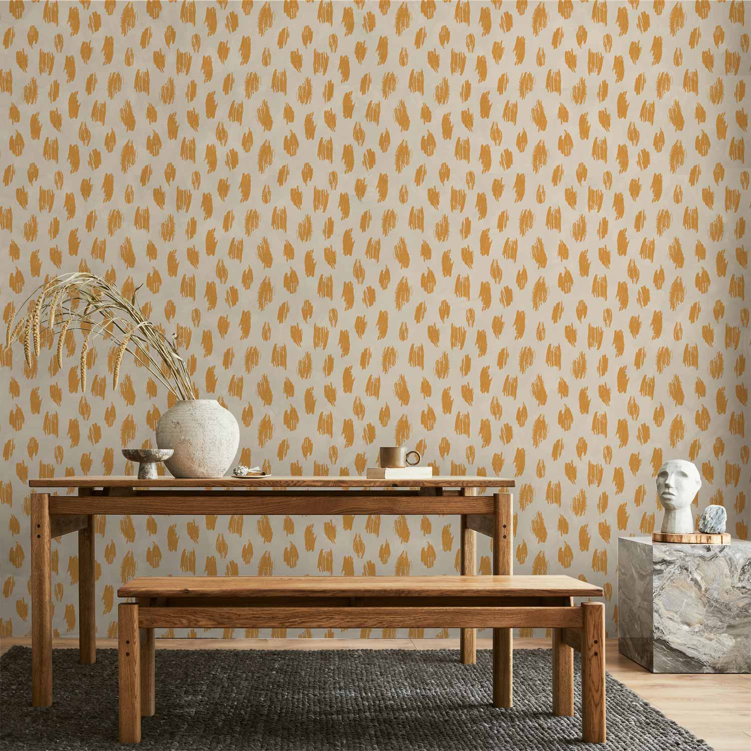 Tapete - Drawn Pattern in Dots and Spots - in shades of orange and ecru.