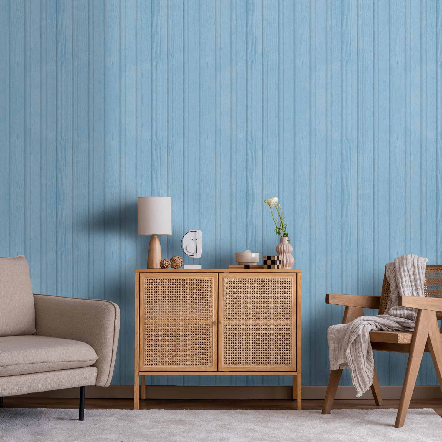Tapete - Blue Panels - Wooden planks in a pastel blue shade.