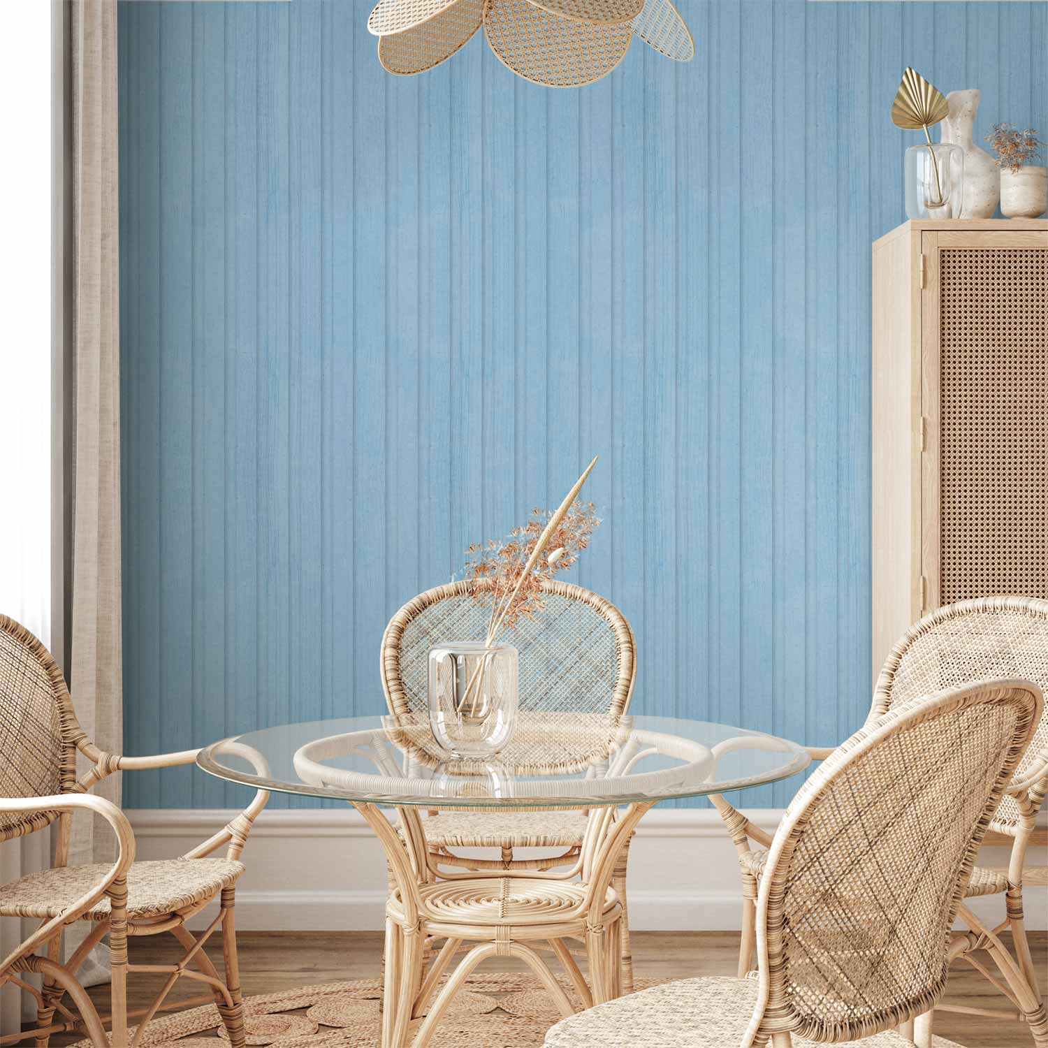 Tapete - Blue Panels - Wooden planks in a pastel blue shade.