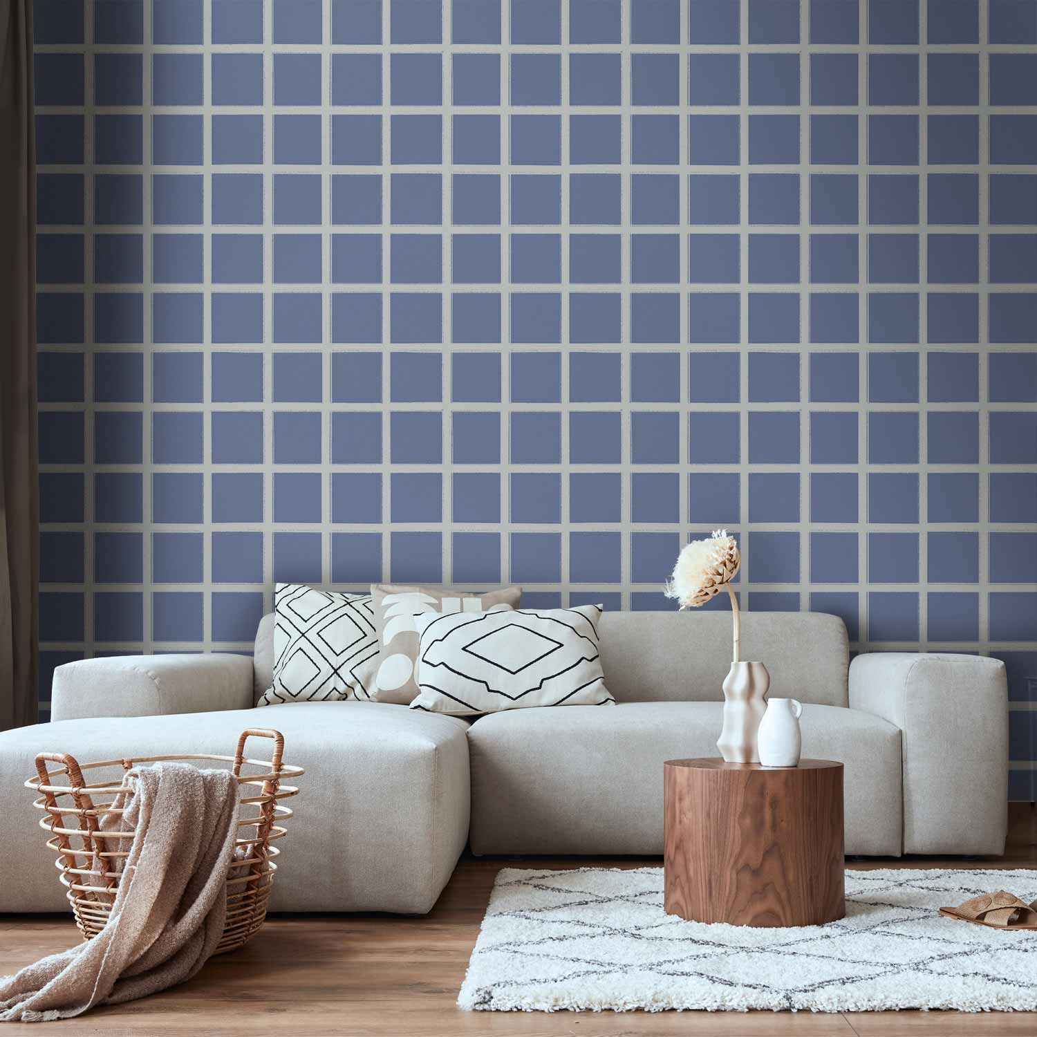 Tapete - Lines and Symmetry - Expressive White Grid on a Blue Background