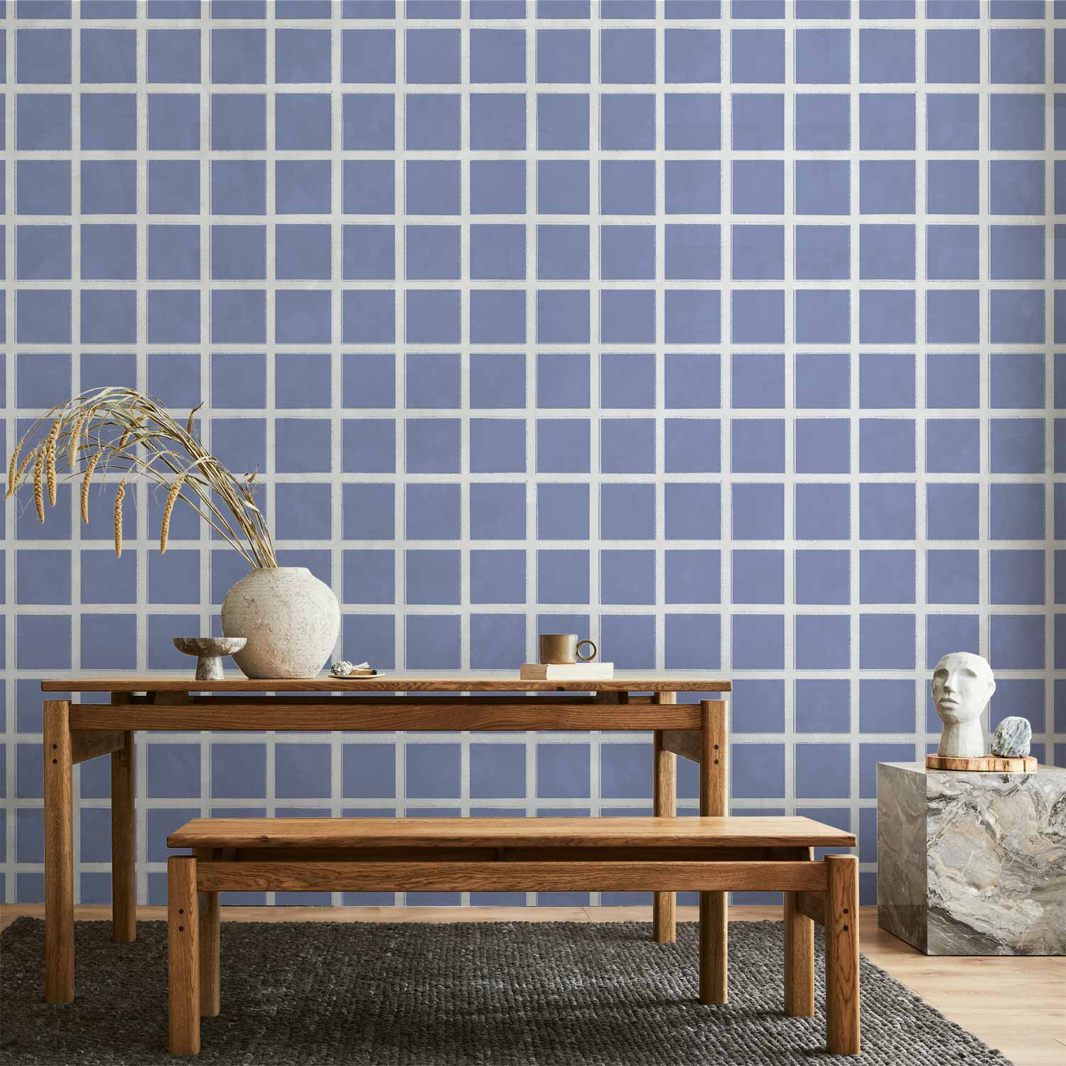 Tapete - Lines and Symmetry - Expressive White Grid on a Blue Background