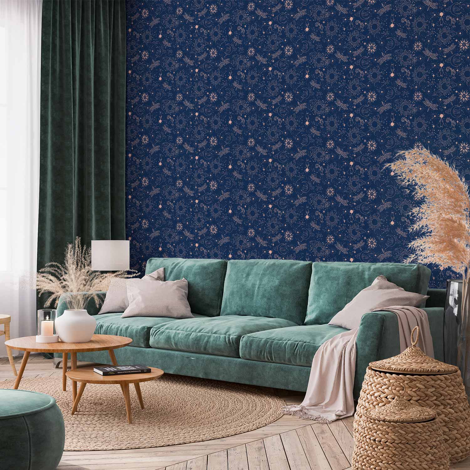 Tapete - Cosmic Fantasy - Pattern with Suns - Moons - and Dragonflies on a Dark Background.