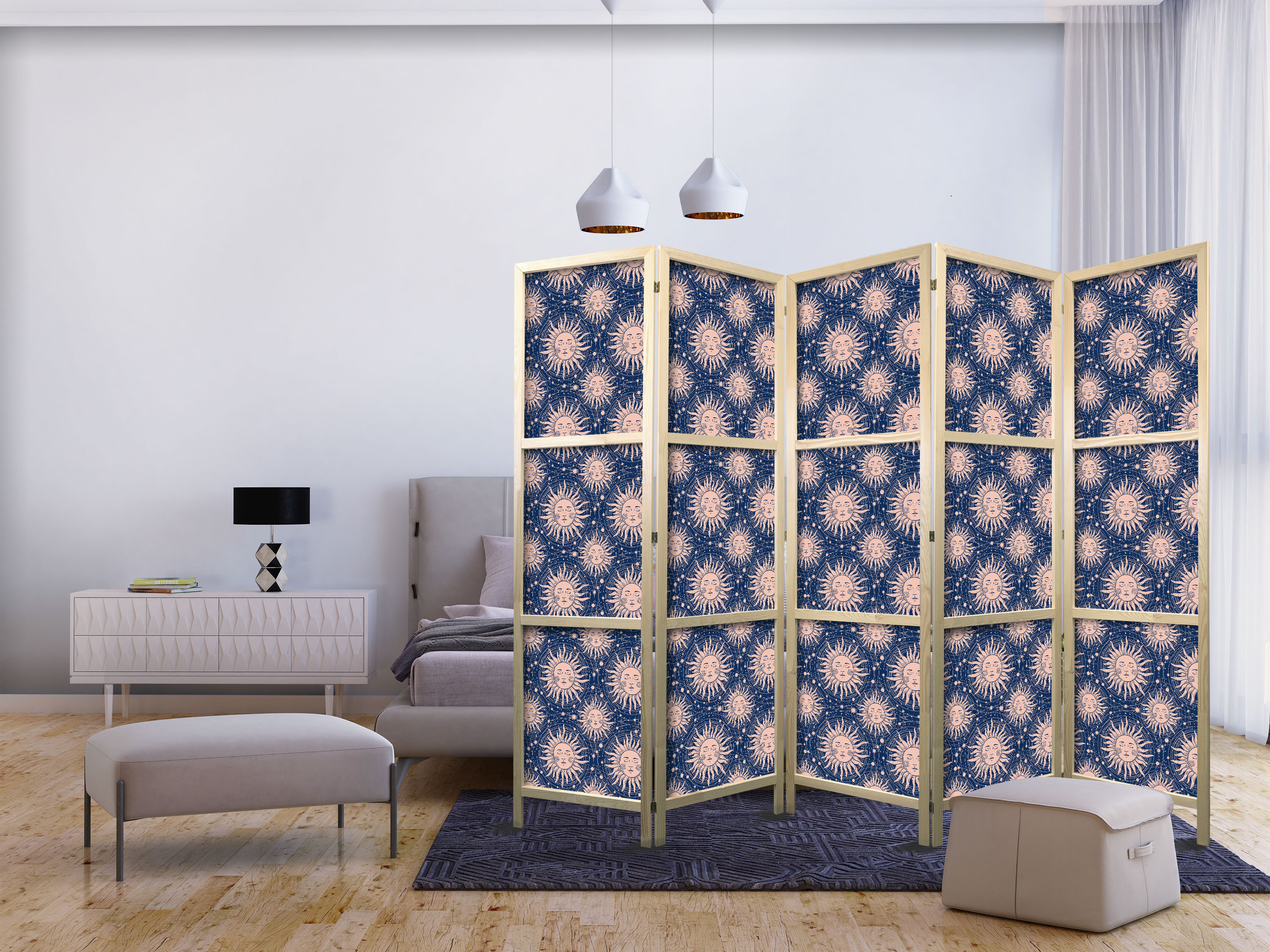Japanischer Paravent - Sunny Patterns - Repeating Sun Motif on a Navy Background