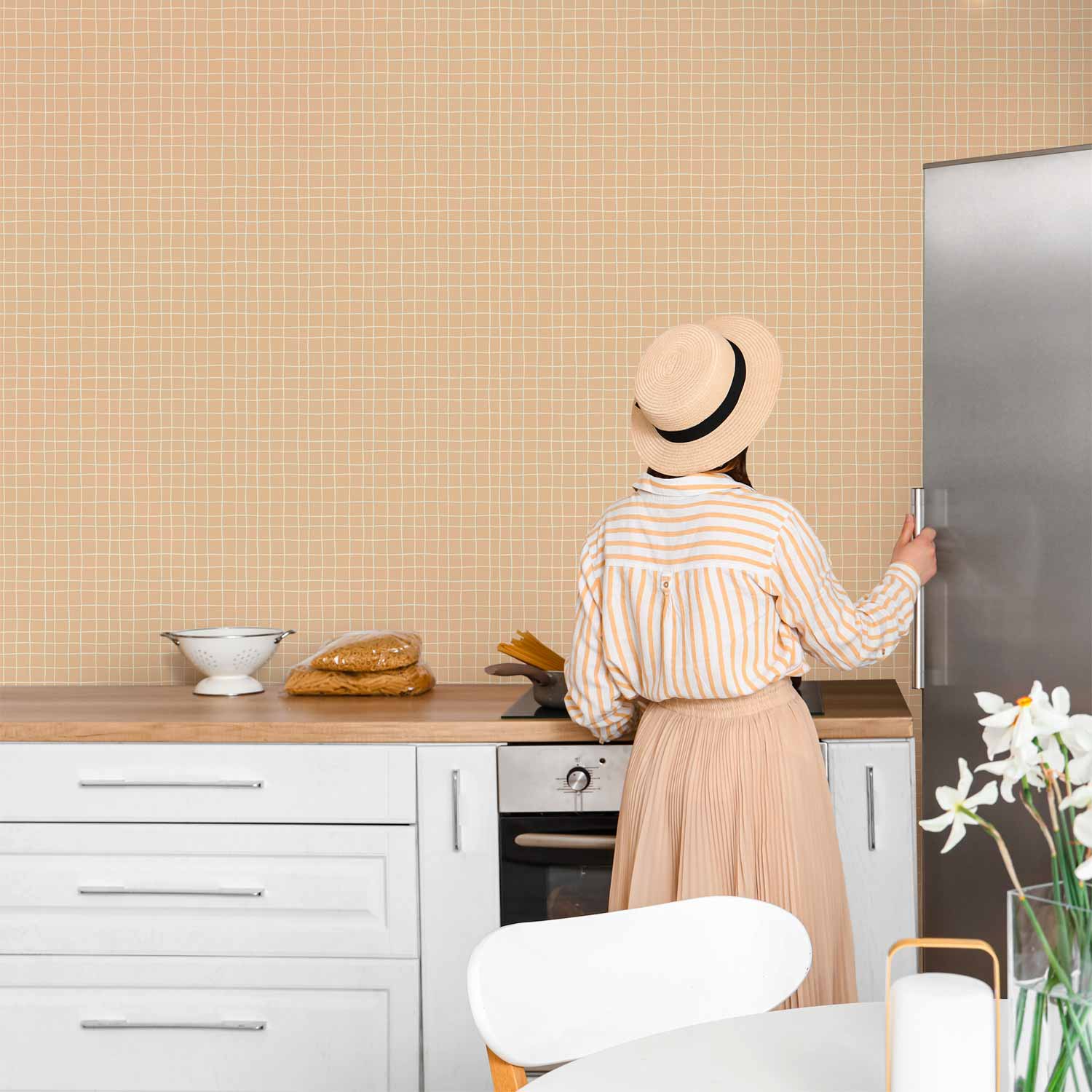 Tapete - Waving Lines - Creamy Grid on a Noisy Pastel Background