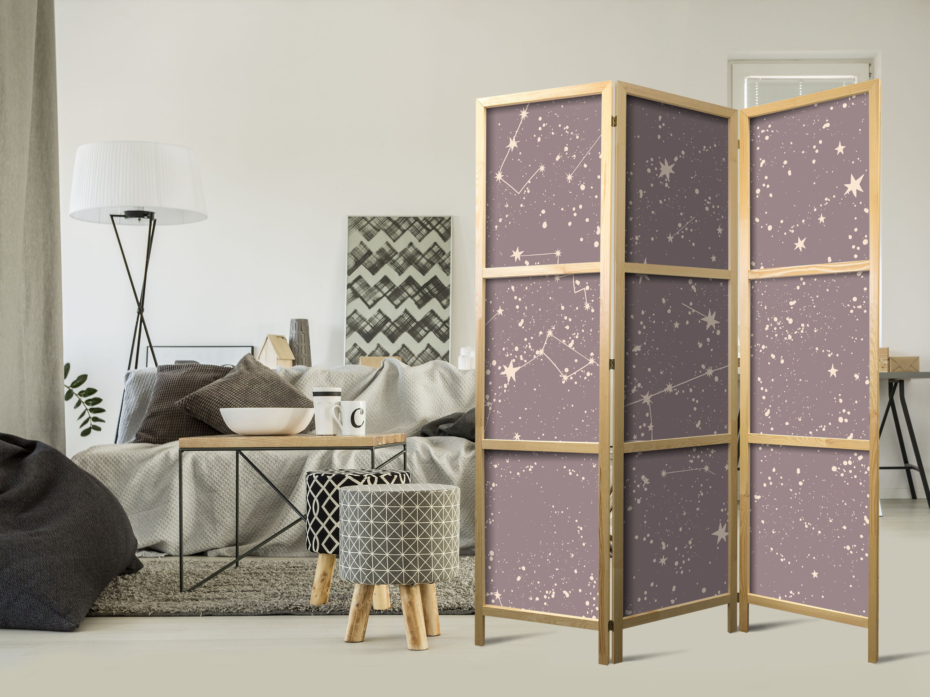 Japanischer Paravent - Night Sky - Artistic Constellations and Stars in Pastel Shades