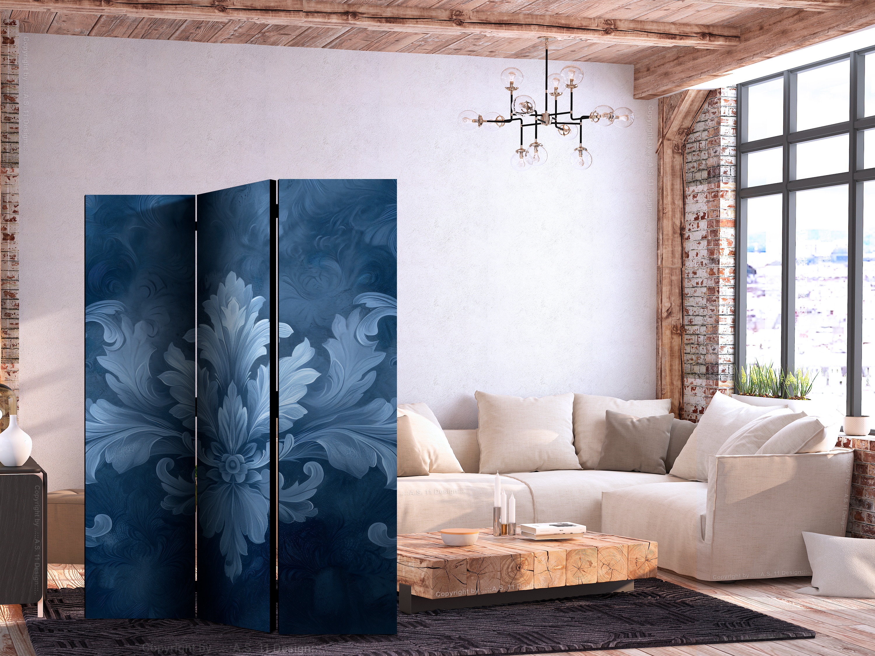 Paravent - Ornament in Blue and Cool Colors. Dark Blue Decoration