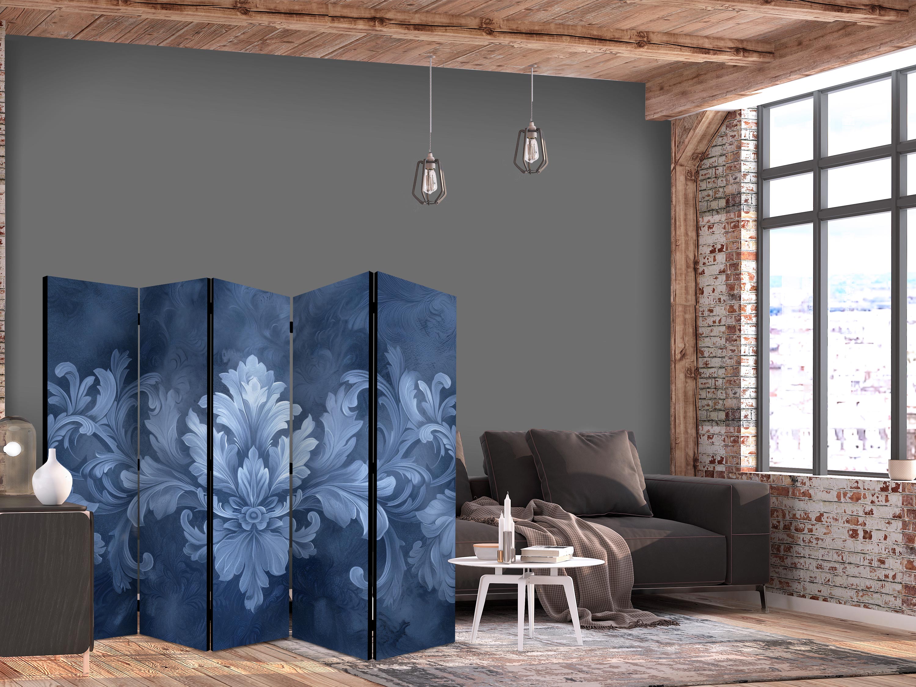 Paravent - Ornament in Blue and Cool Colors. Dark Blue Decoration