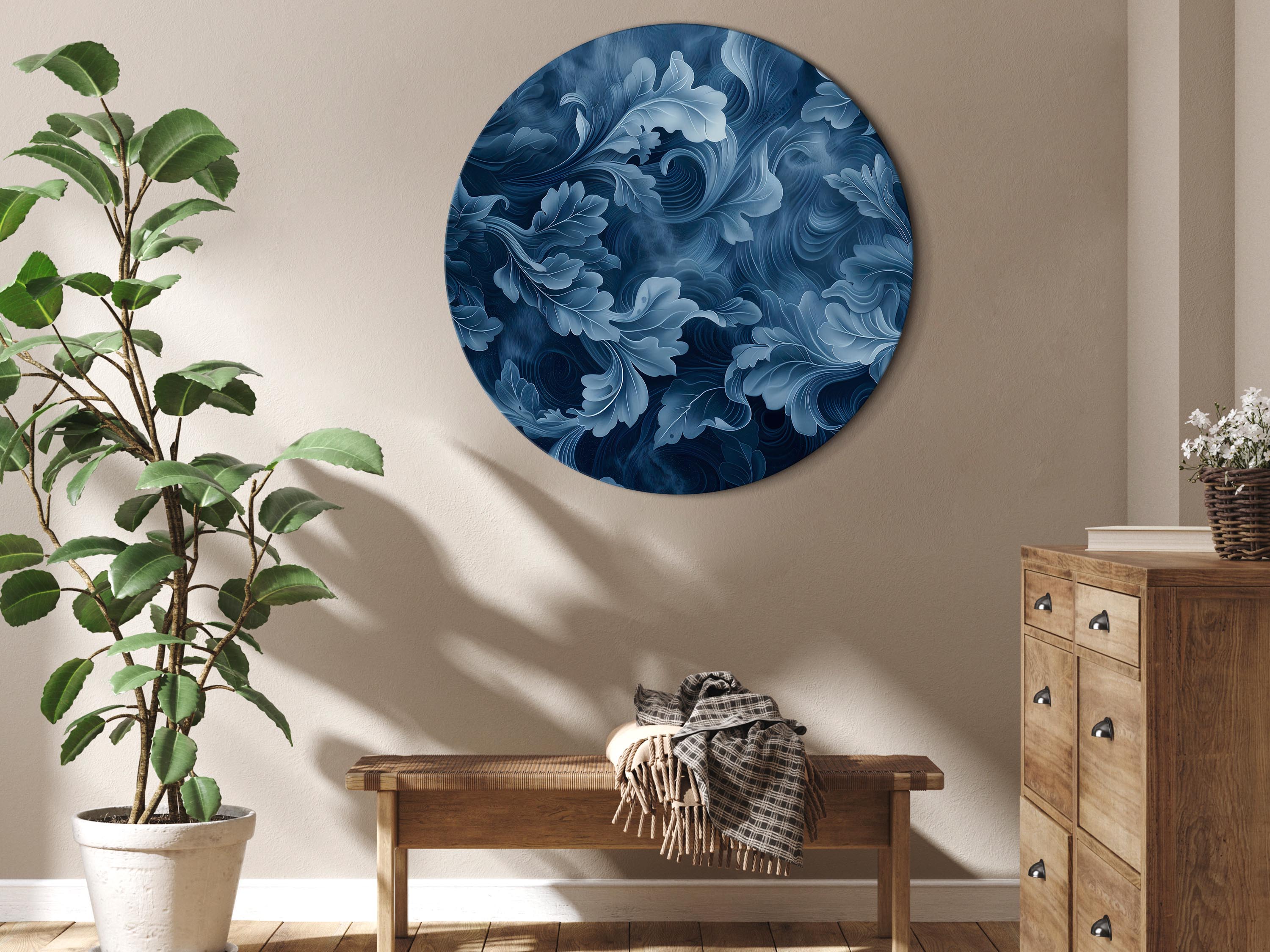 Rundes Bild - Abstract Ornaments Dark Blue Victorian Leaves