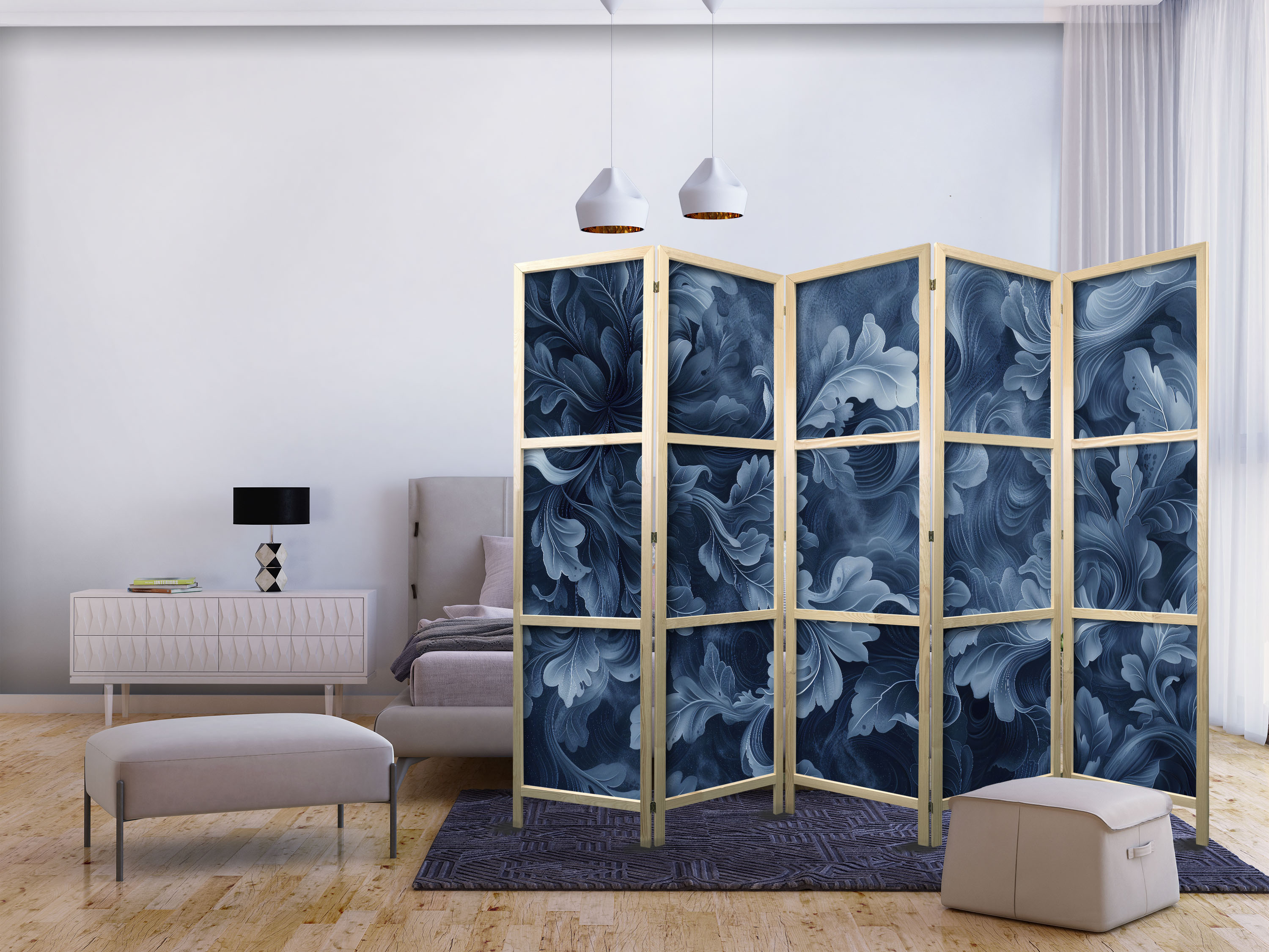 Japanischer Paravent - Abstract Ornaments - Dark Blue Victorian Leaves