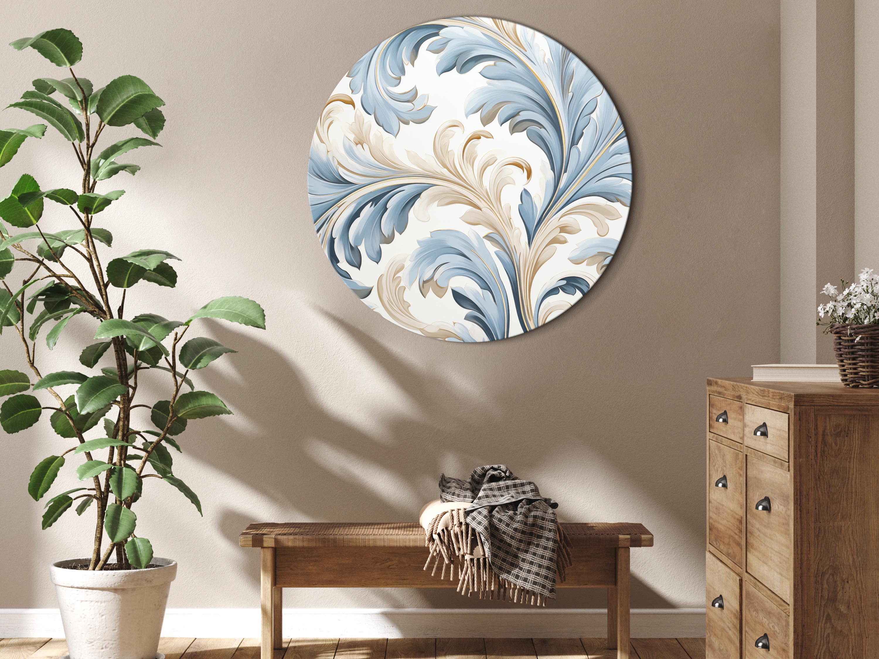 Rundes Bild - Baroque Ornaments in Light Cream-Blue Hues