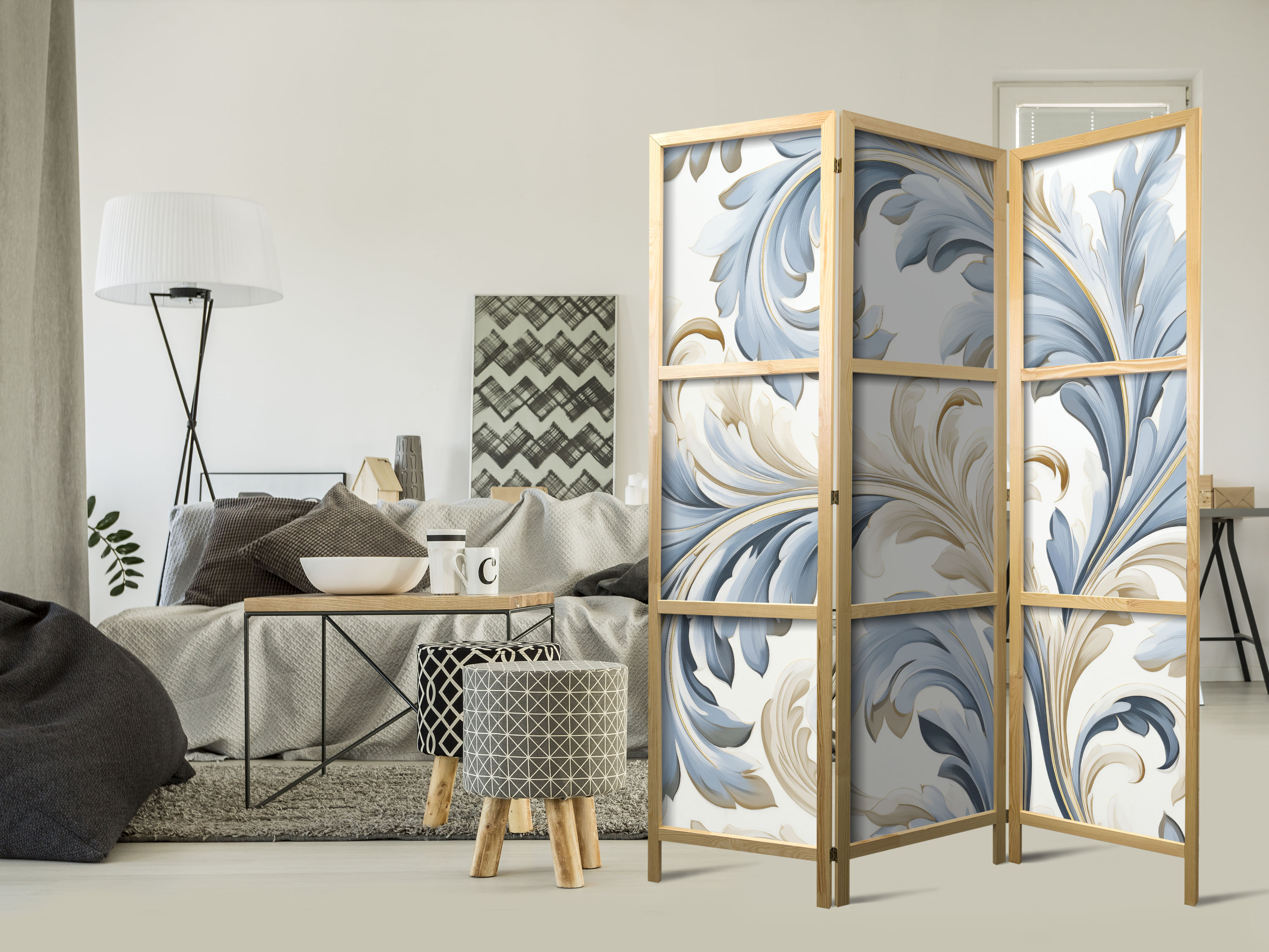 Japanischer Paravent - Baroque Ornaments in Light - Cream-Blue Colors