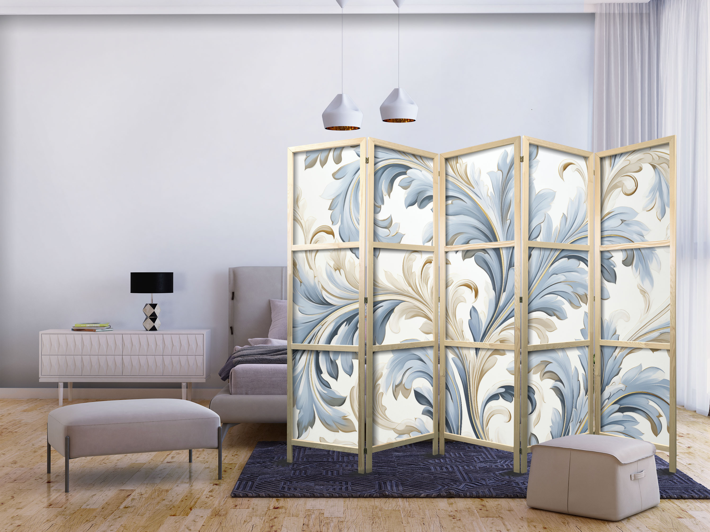 Japanischer Paravent - Baroque Ornaments in Light - Cream-Blue Colors