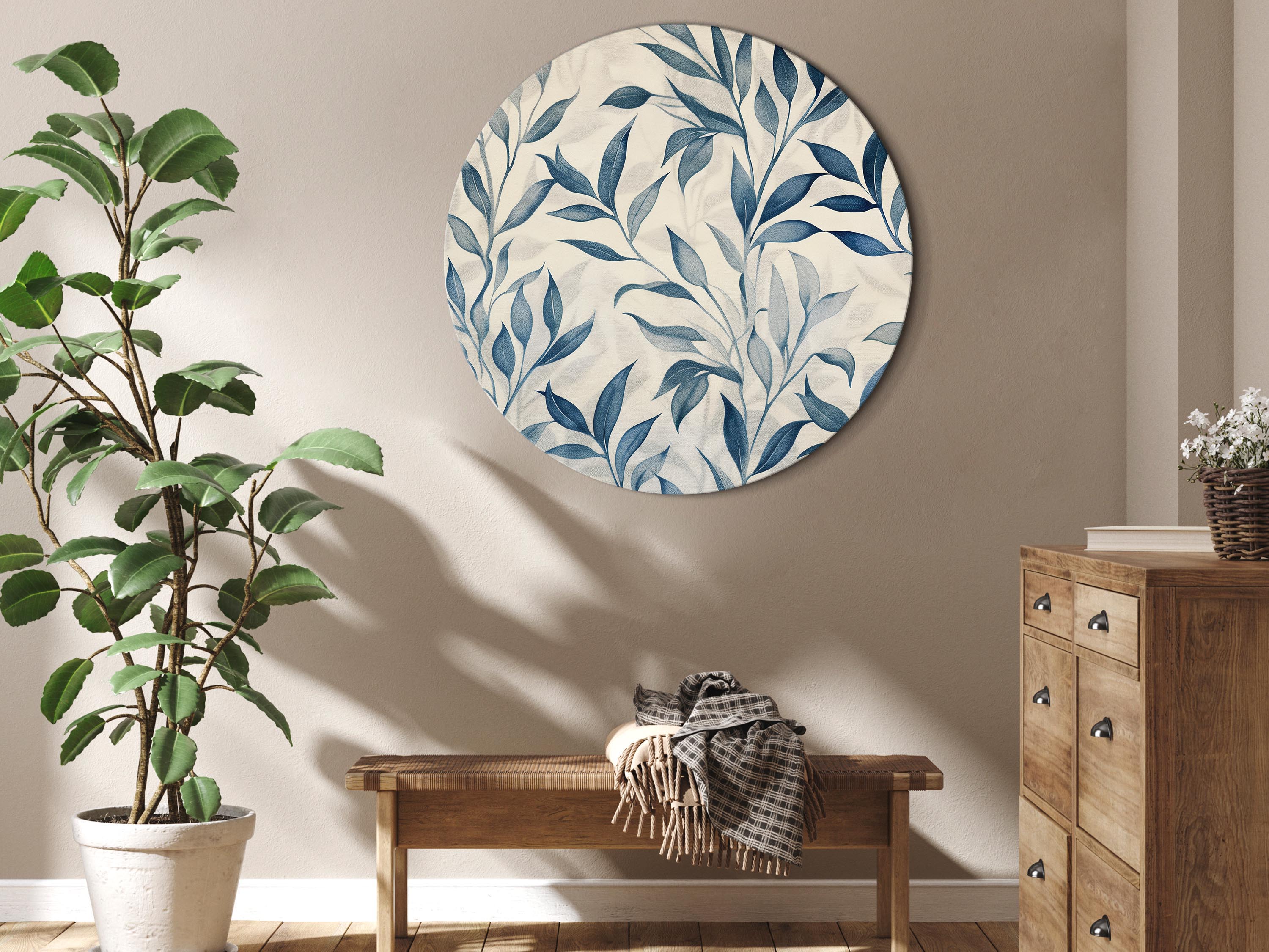 Rundes Bild - Leaves in Blue Colors Delicate Botanical Motif