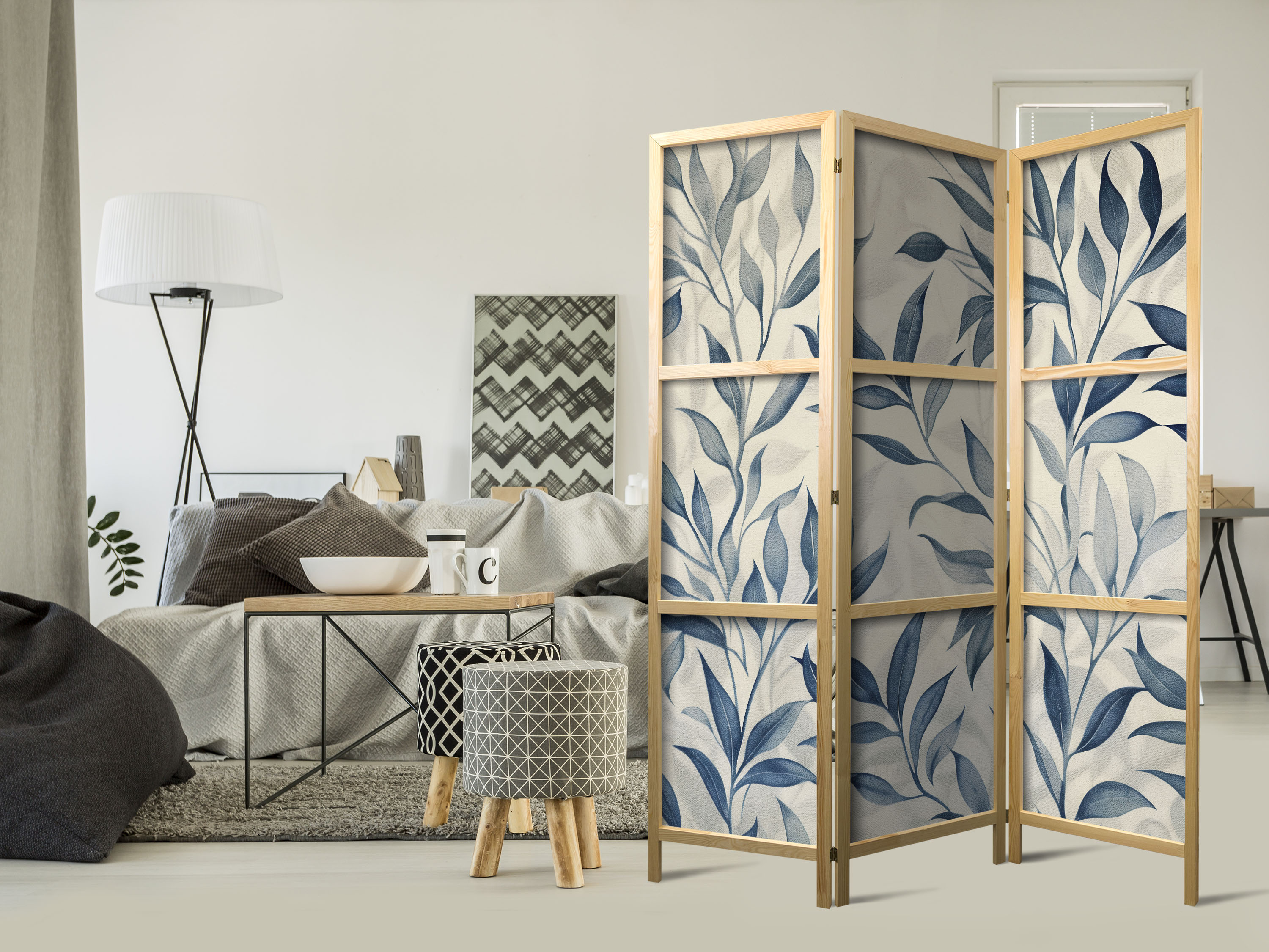 Japanischer Paravent - Leaves in Blue Colors - Delicate Botanical Motif