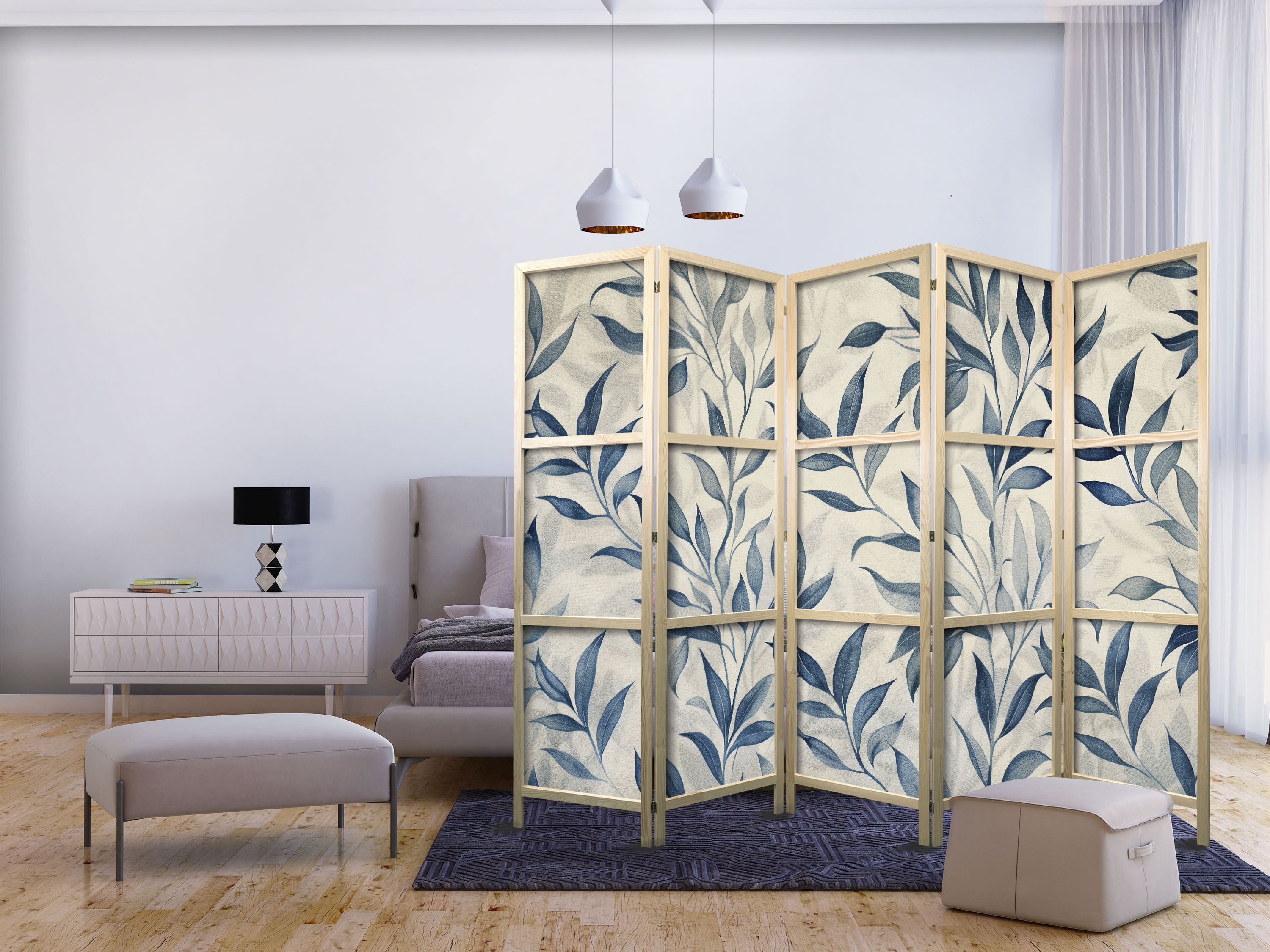 Japanischer Paravent - Leaves in Blue Colors - Delicate Botanical Motif