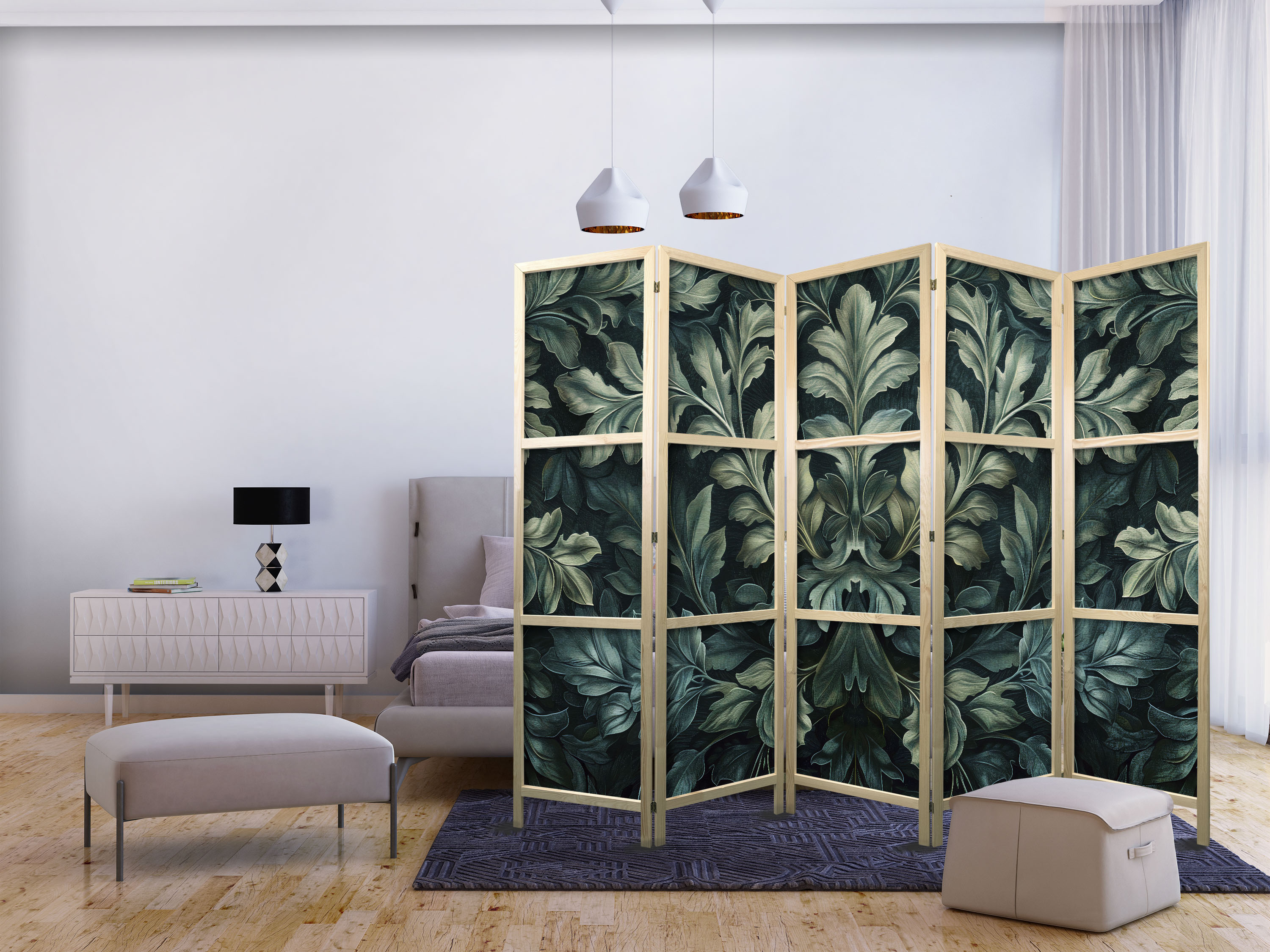 Japanischer Paravent - Dark Green Victorian Leaves - Botanical Carved Composition